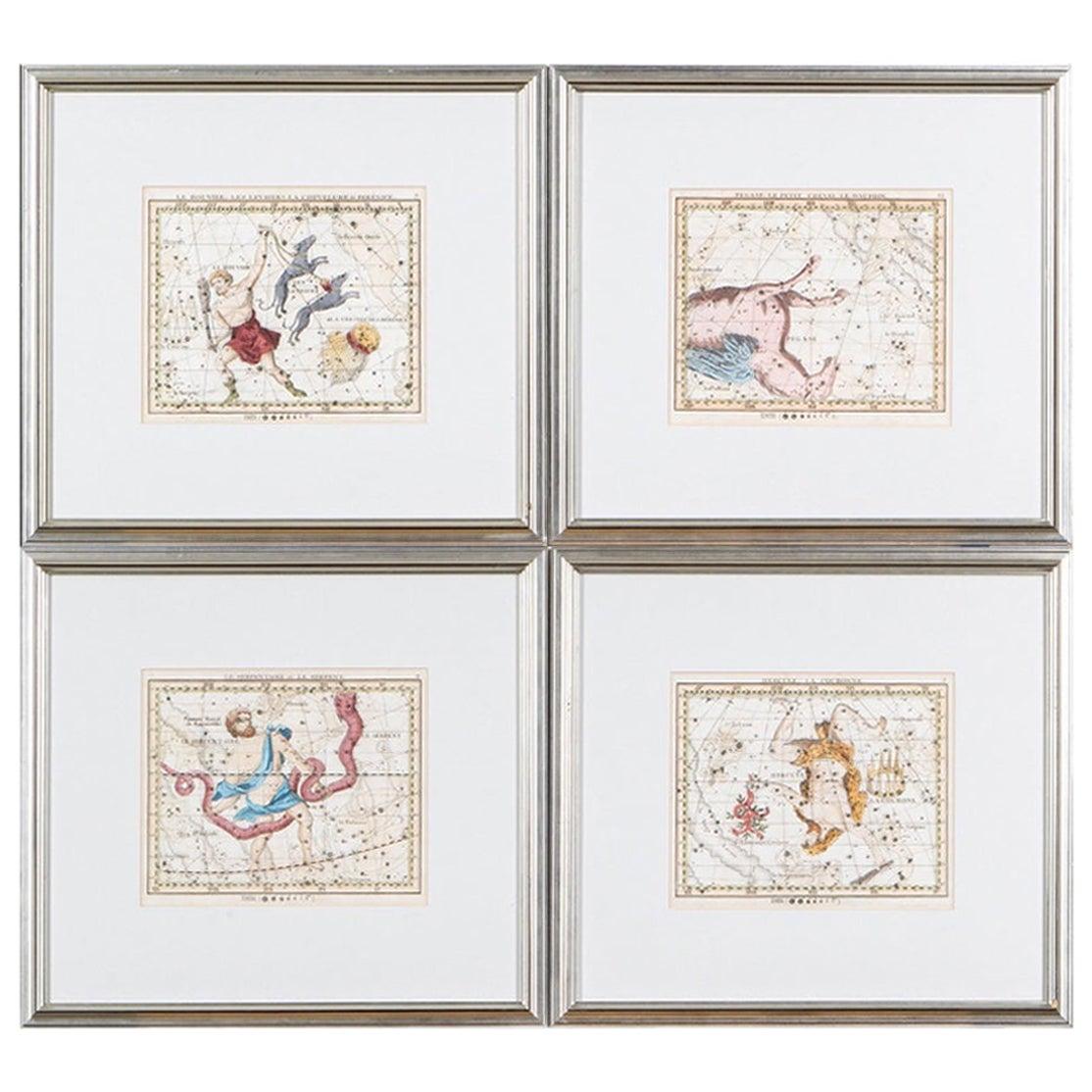 Set von vier antiken französischen himmlischen Gravuren von John Flamsteed „Atlas Celestial“