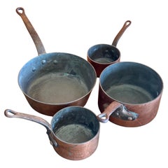 Set of Four Antique French Copper Pots / Pans with Lids and Riveted Forged Steel