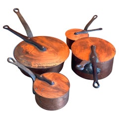 Set of Four Antique French Copper Pots / Pans with Lids and Riveted Forged Steel