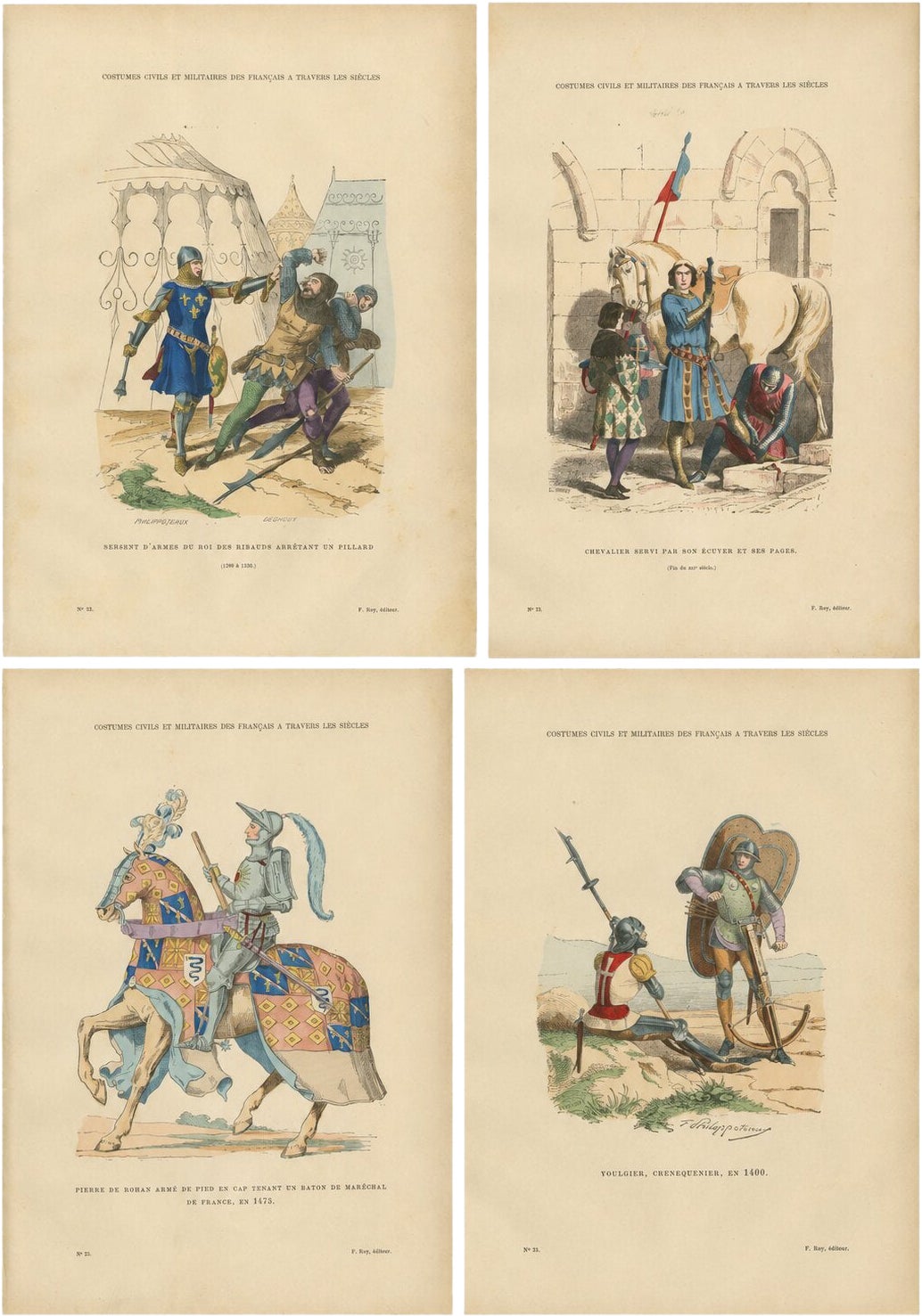 Set of Four Antique French Medieval Military Costume Prints, circa 1860