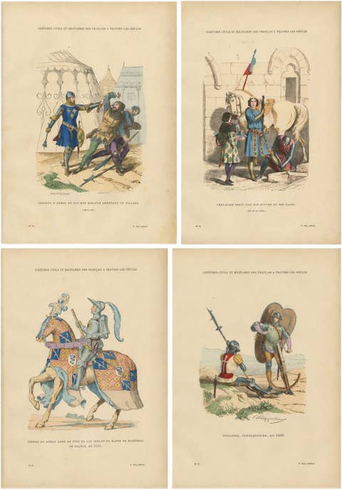 Set of Four Antique French Medieval Military Costume Prints, circa 1860