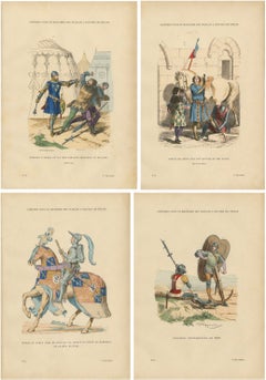 Set of Four Antique French Medieval Military Costume Prints, circa 1860