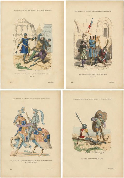 Set of Four Antique French Medieval Military Costume Prints, circa 1860