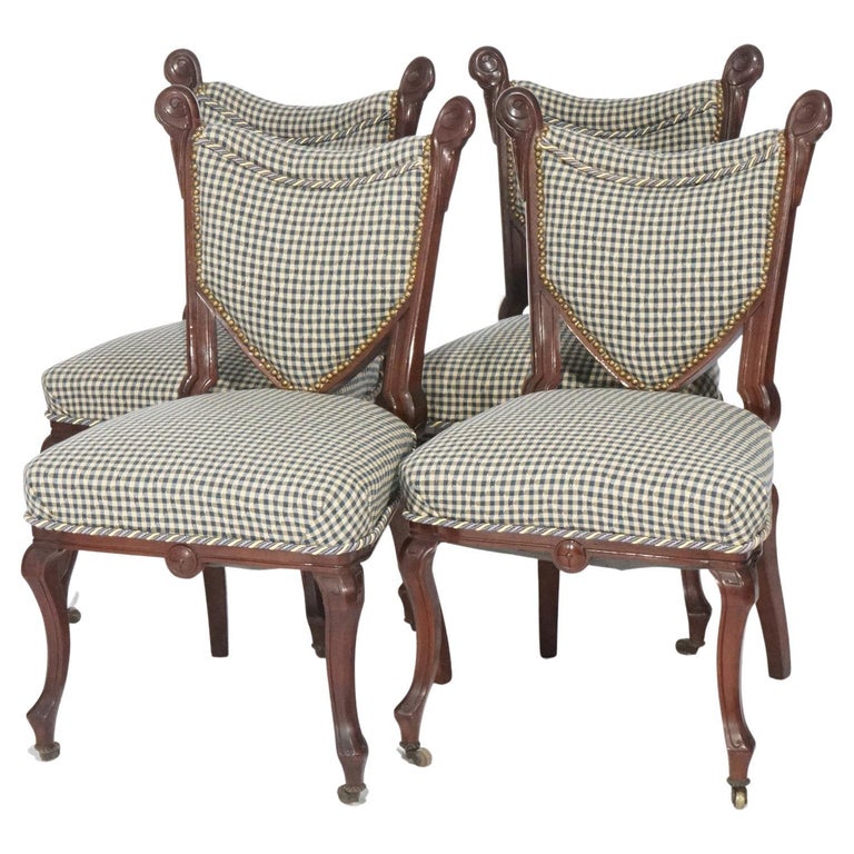Set of Four Antique French Style Carved Mahogany Side Chairs, circa