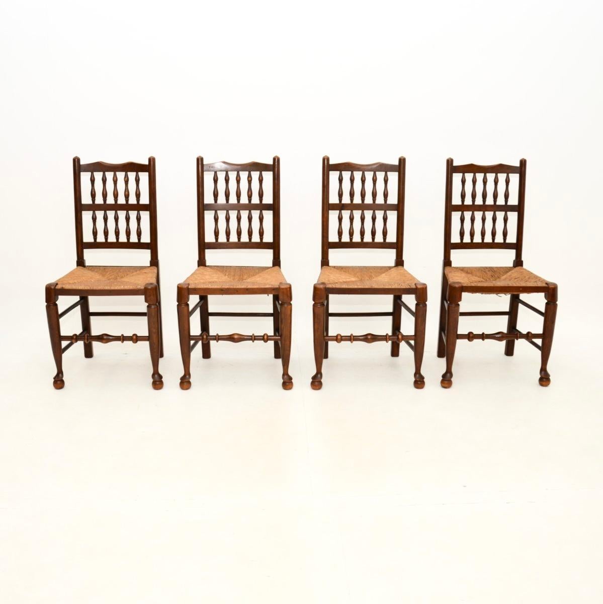 A wonderful set of four antique Georgian Lancashire dining chairs in Elm. They were made in England, they date from around the 1820-1830 period.

The quality is superb, the chairs are beautifully crafted with nicely turned spindles on the backs and