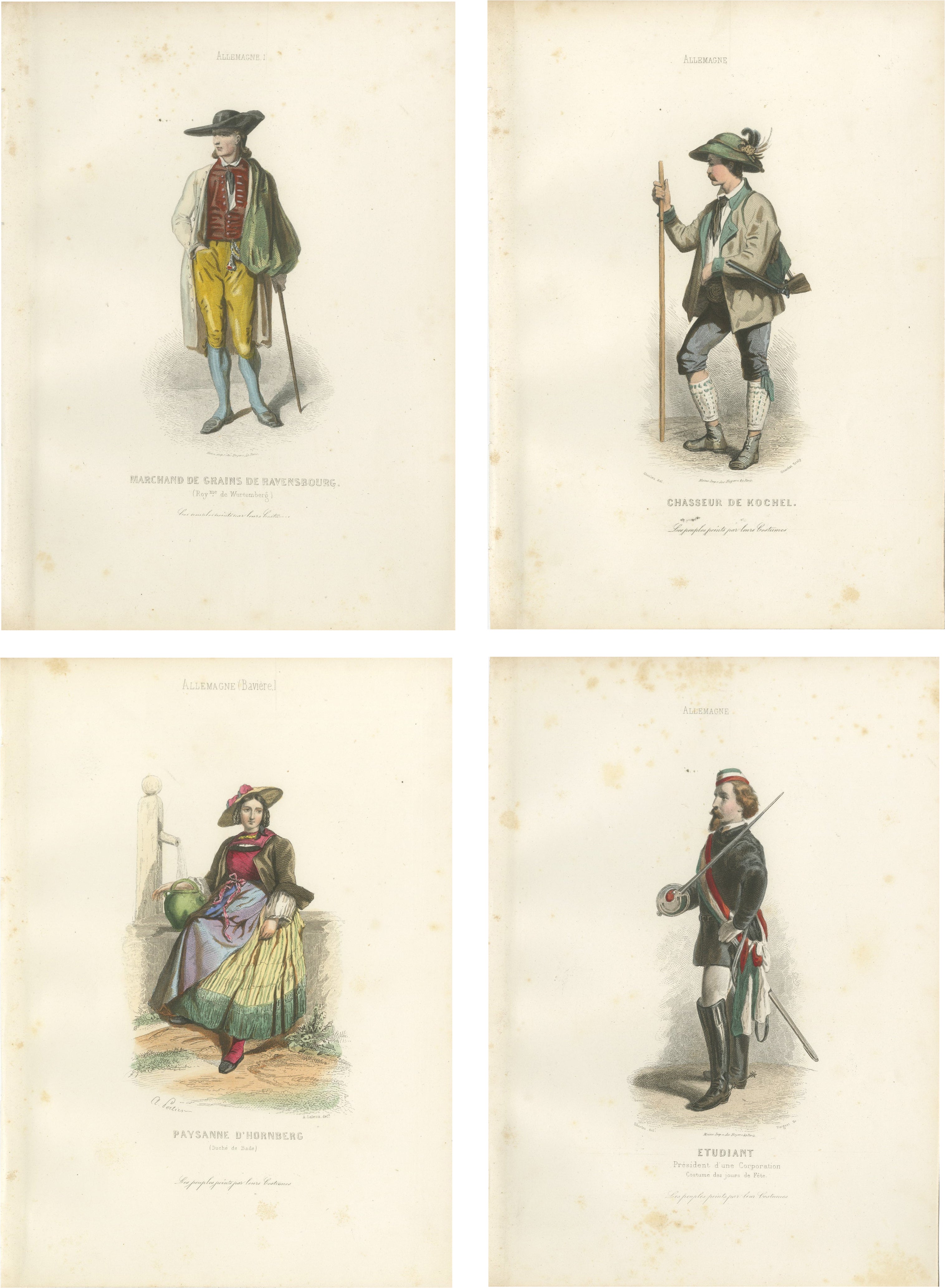 Set of Four Antique German & Bavarian Folk Costume Engravings, circa 1850