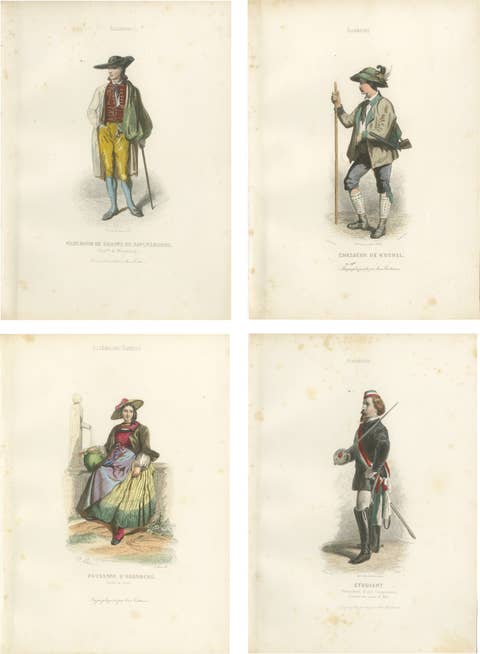 Set of Four Antique German & Bavarian Folk Costume Engravings, circa 1850