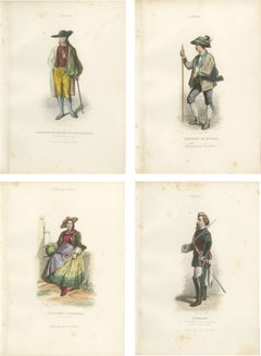 Set di quattro incisioni antiche raffiguranti costumi popolari tedeschi e bavaresi, 1850 circa