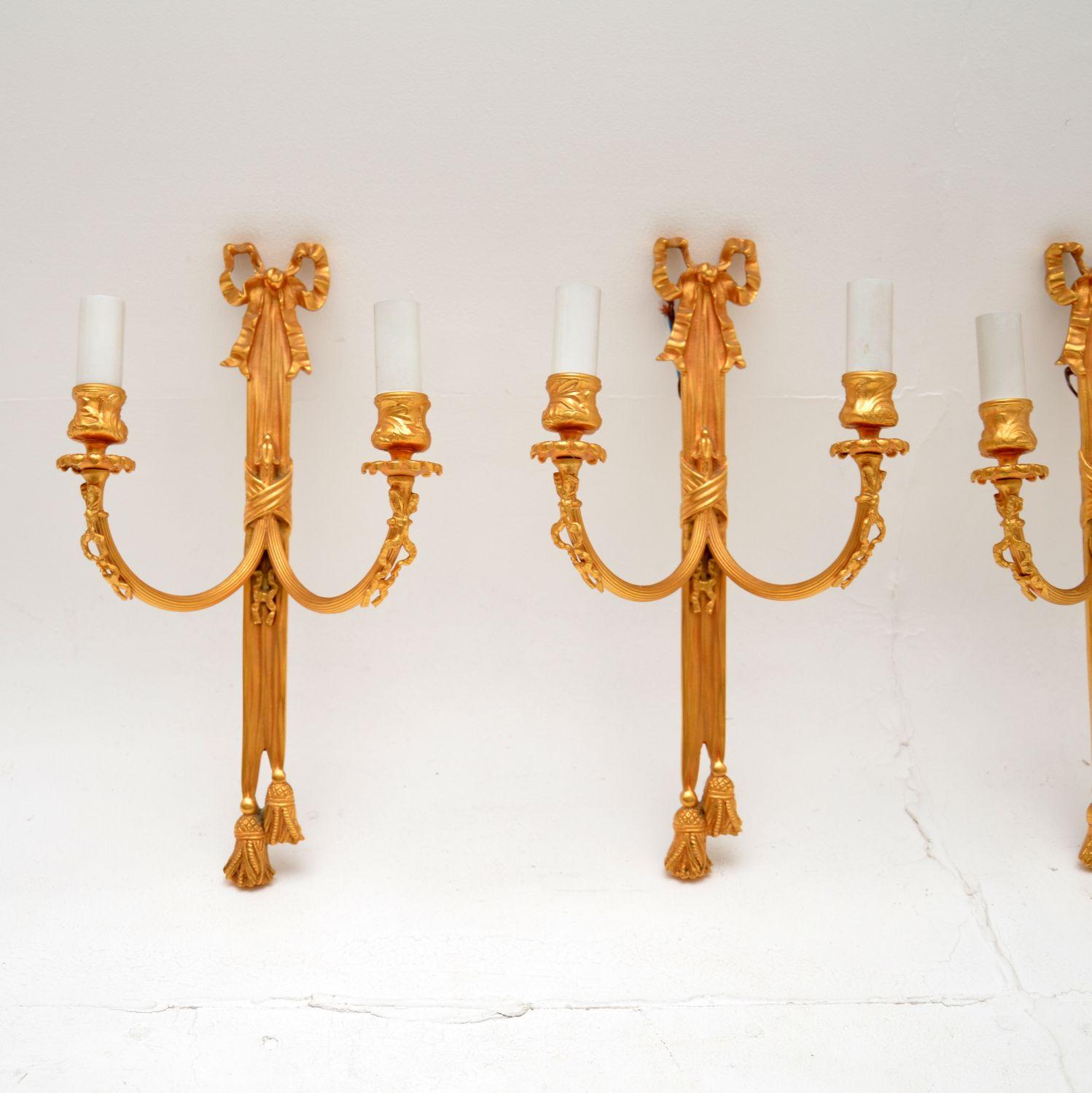 Adam Style Set of Four Antique Gilt Metal Wall Sconce Lamps For Sale