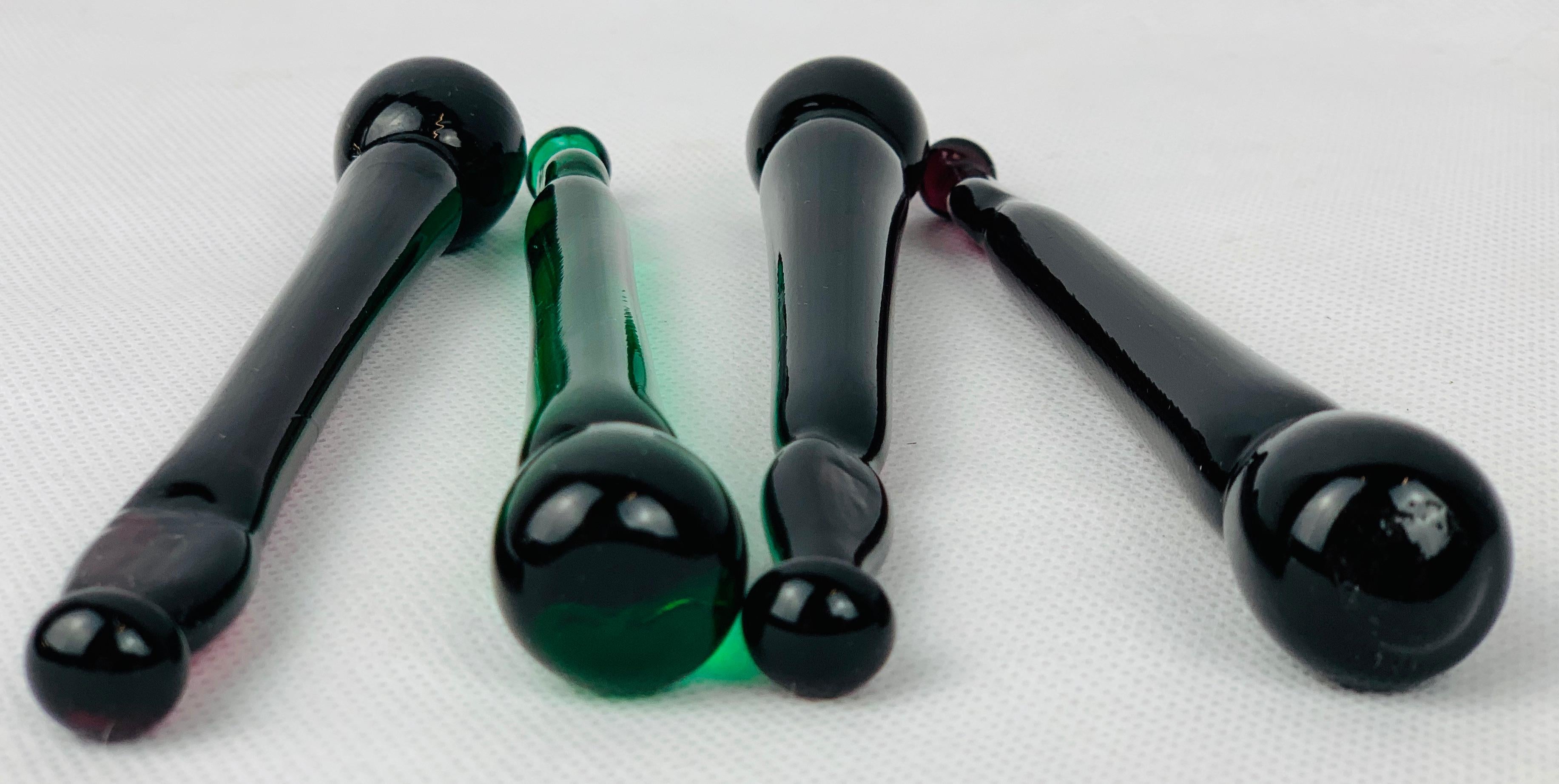 Antique Glass Cocktail Muddlers in Purple and Emerald GreenSet of Four