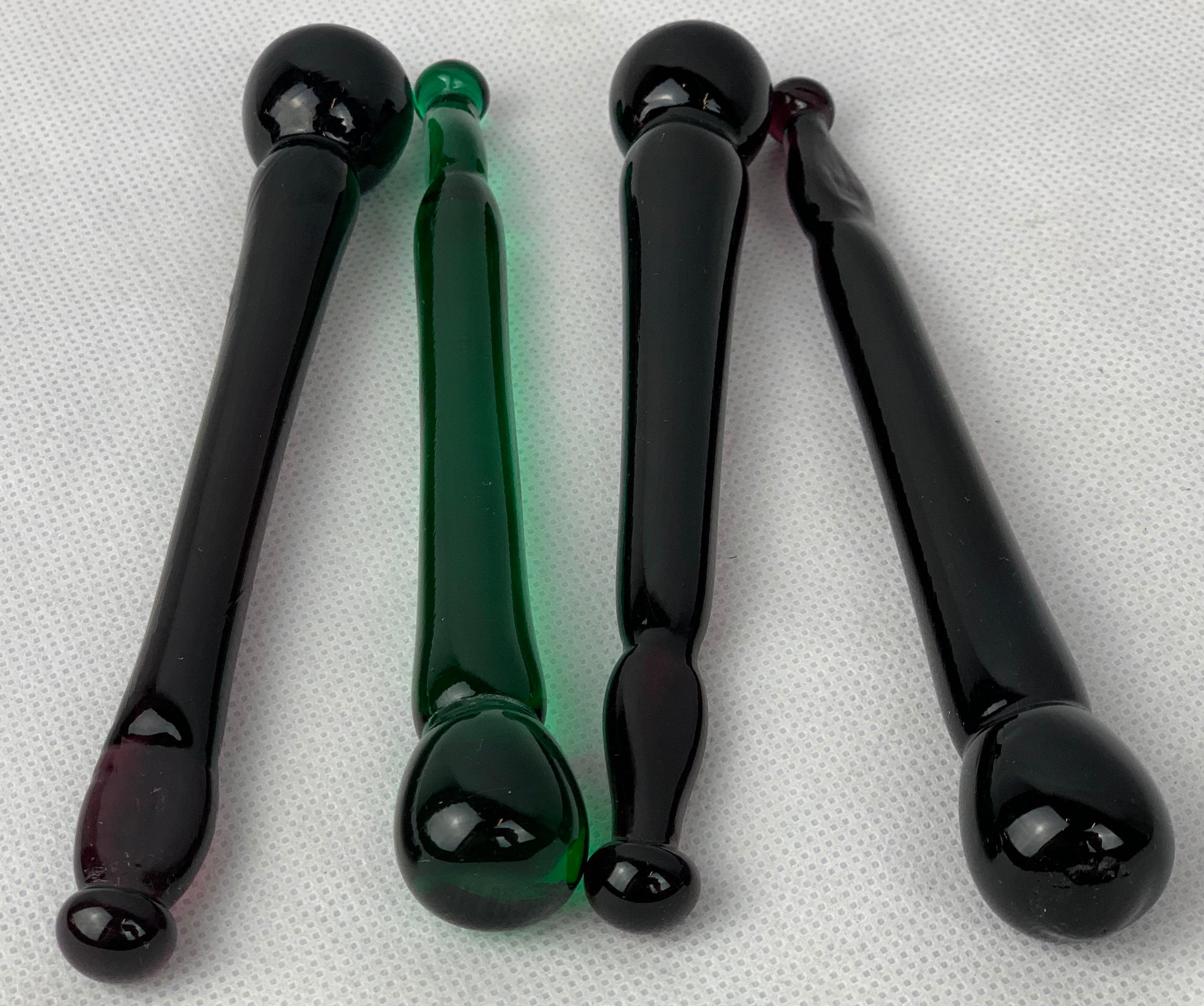 Victorian  Antique Glass Cocktail Muddlers in Purple and Emerald Green-Set of Four