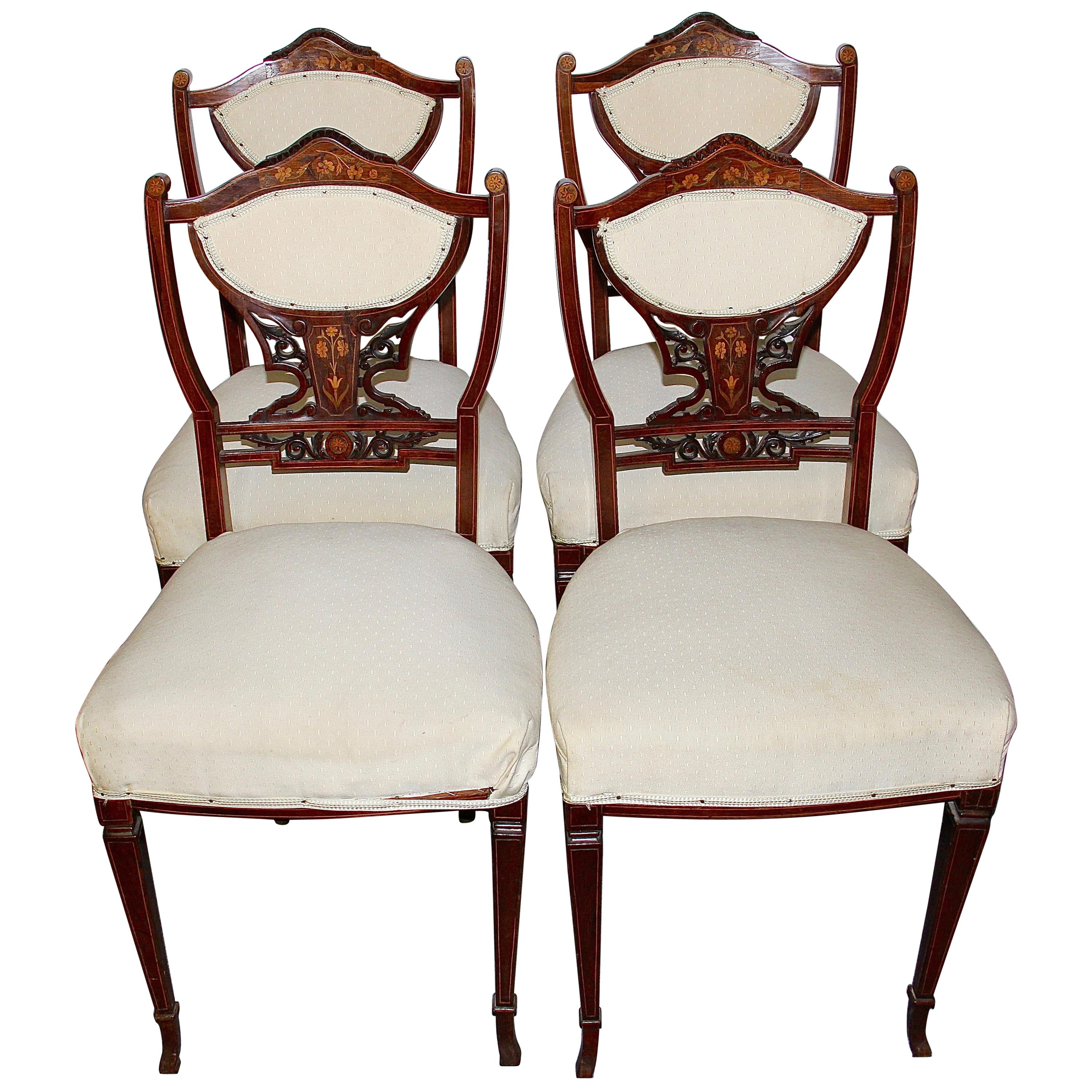 Set of Four Antique Inlaid Side Chairs, 19th Century