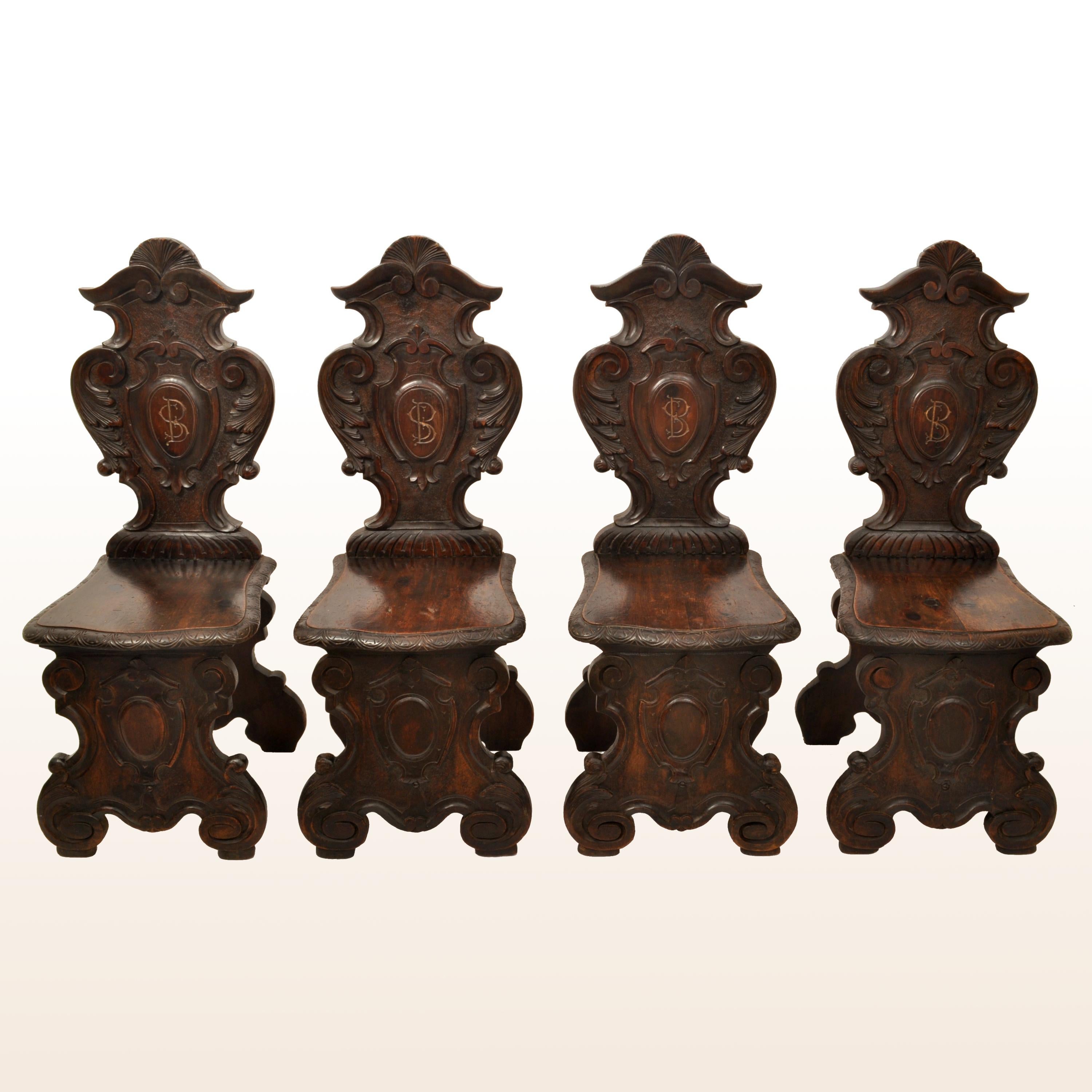 Set of Four Antique Italian Carved Walnut 18th Century Sgabello Hall Side Chairs In Good Condition In Portland, OR
