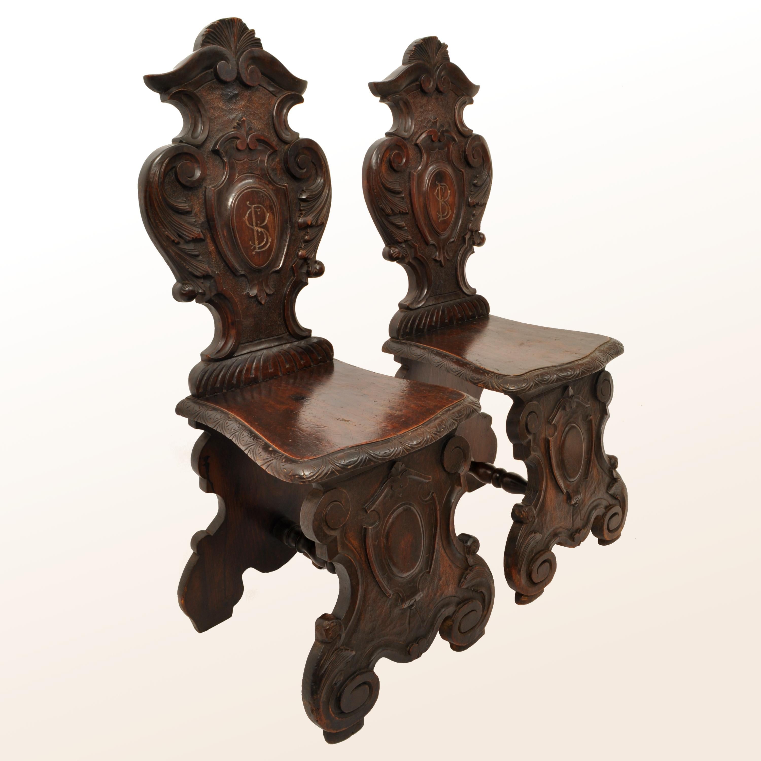 Set of Four Antique Italian Carved Walnut 18th Century Sgabello Hall Side Chairs 1