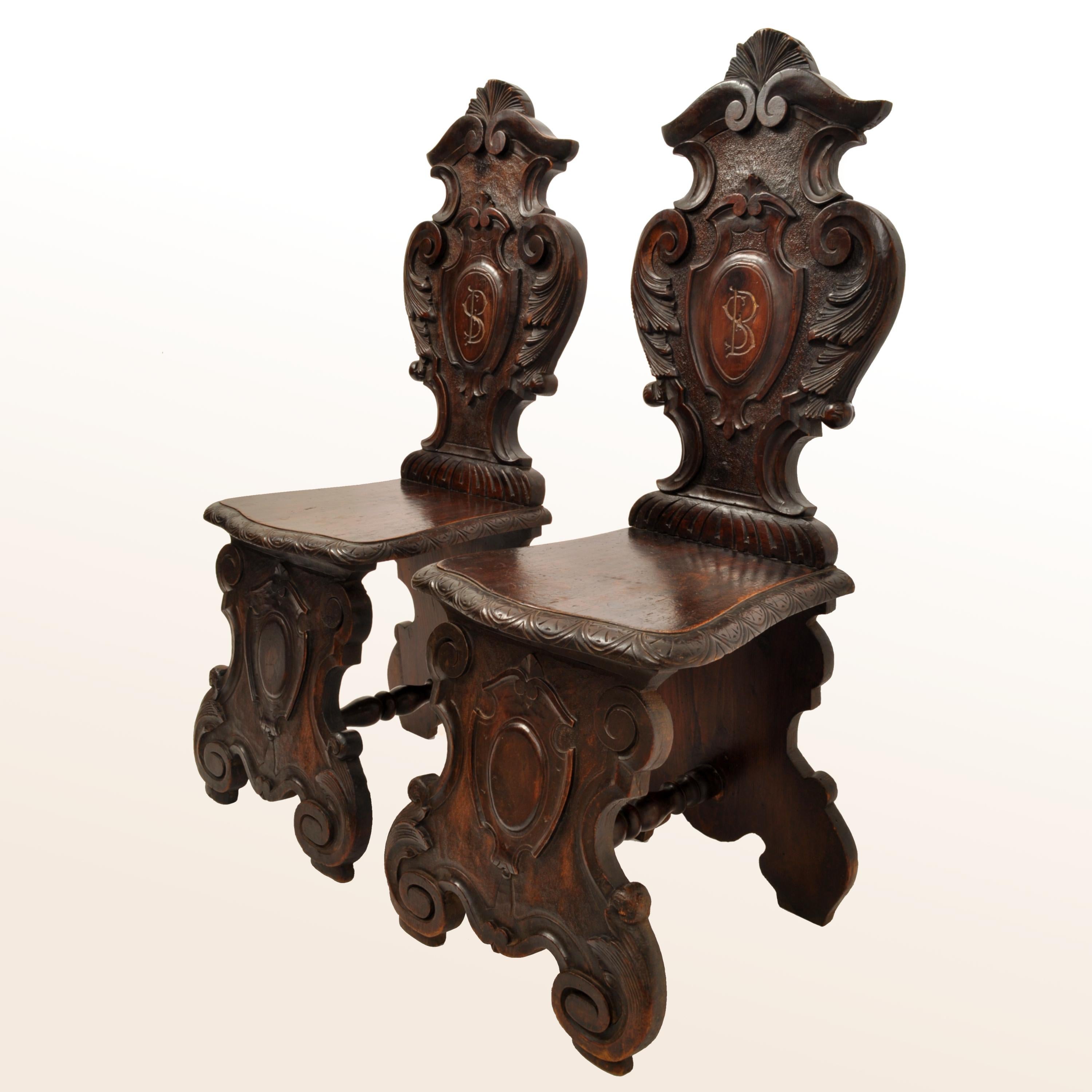 Set of Four Antique Italian Carved Walnut 18th Century Sgabello Hall Side Chairs 2