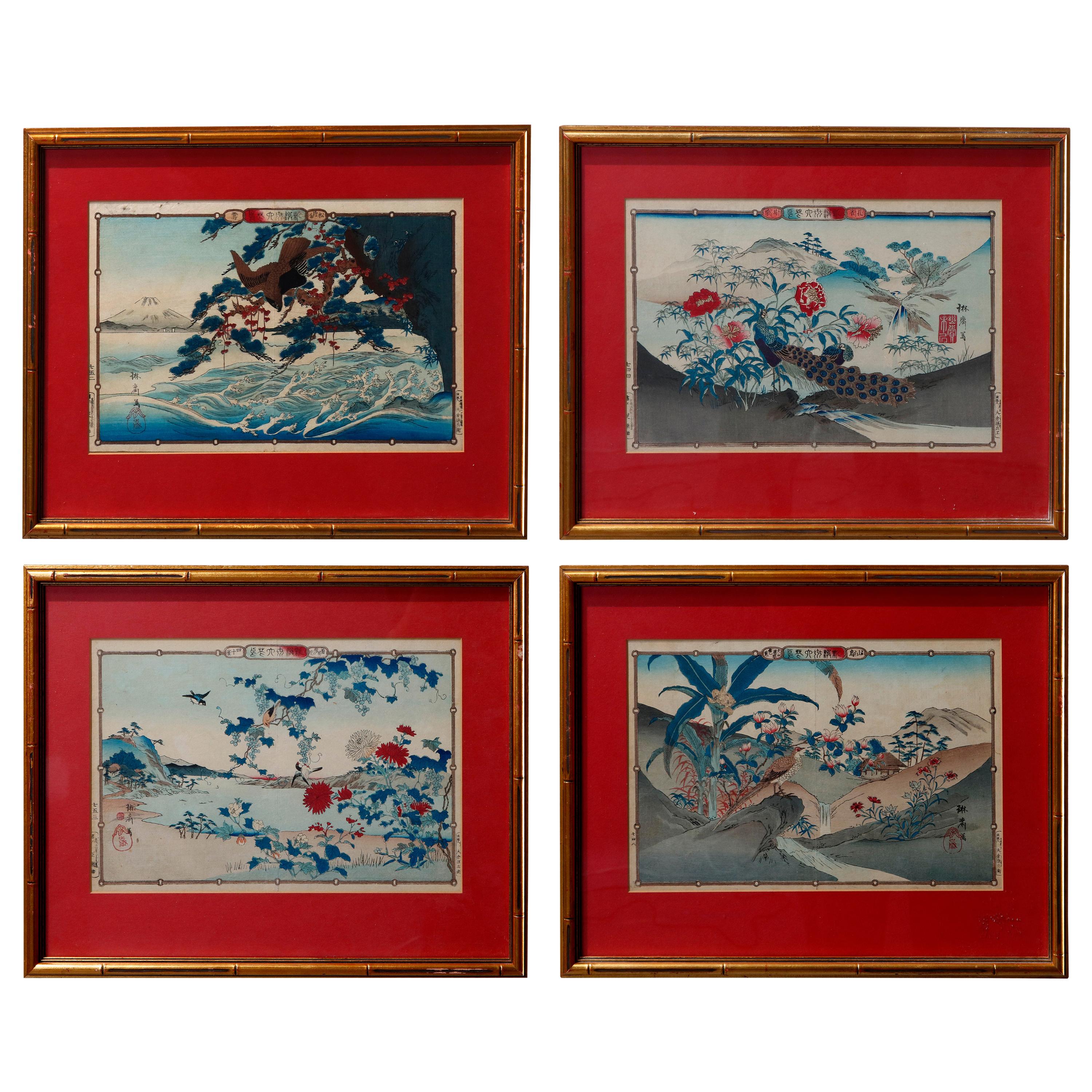 Set of Four Antique Japanese Hiroshige School Wood Block Prints, circa 1900
