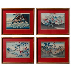 Set of Four Antique Japanese Hiroshige School Wood Block Prints, circa 1900