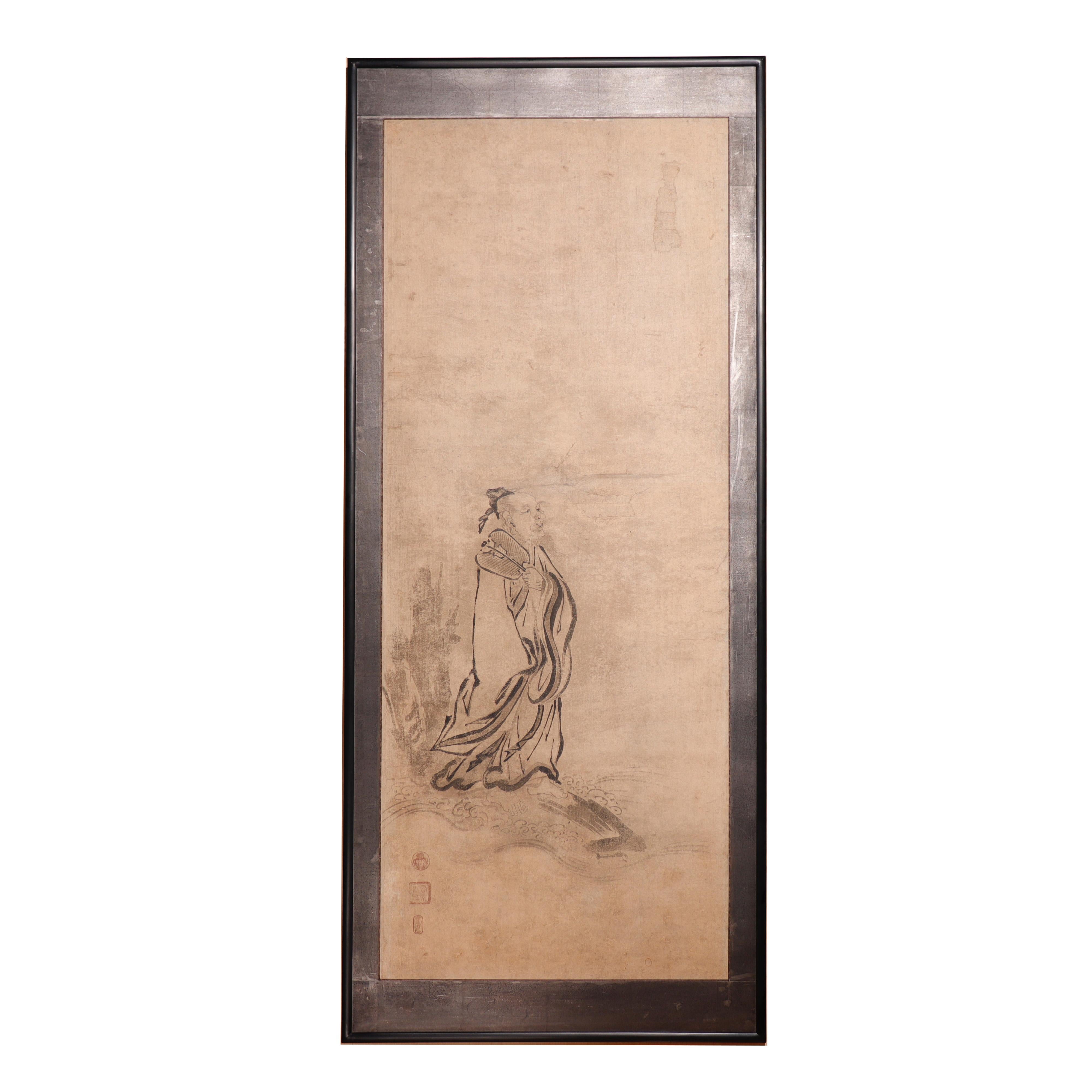 Paper Set of Four Japanese Suibokuga Ink Paintings by Kano Tokinobu, 17th Century For Sale