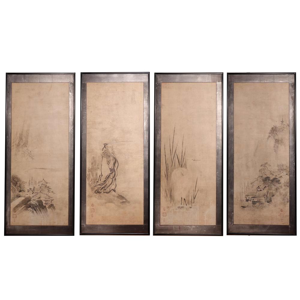 Set of Four Japanese Suibokuga Ink Paintings by Kano Tokinobu, 17th Century For Sale
