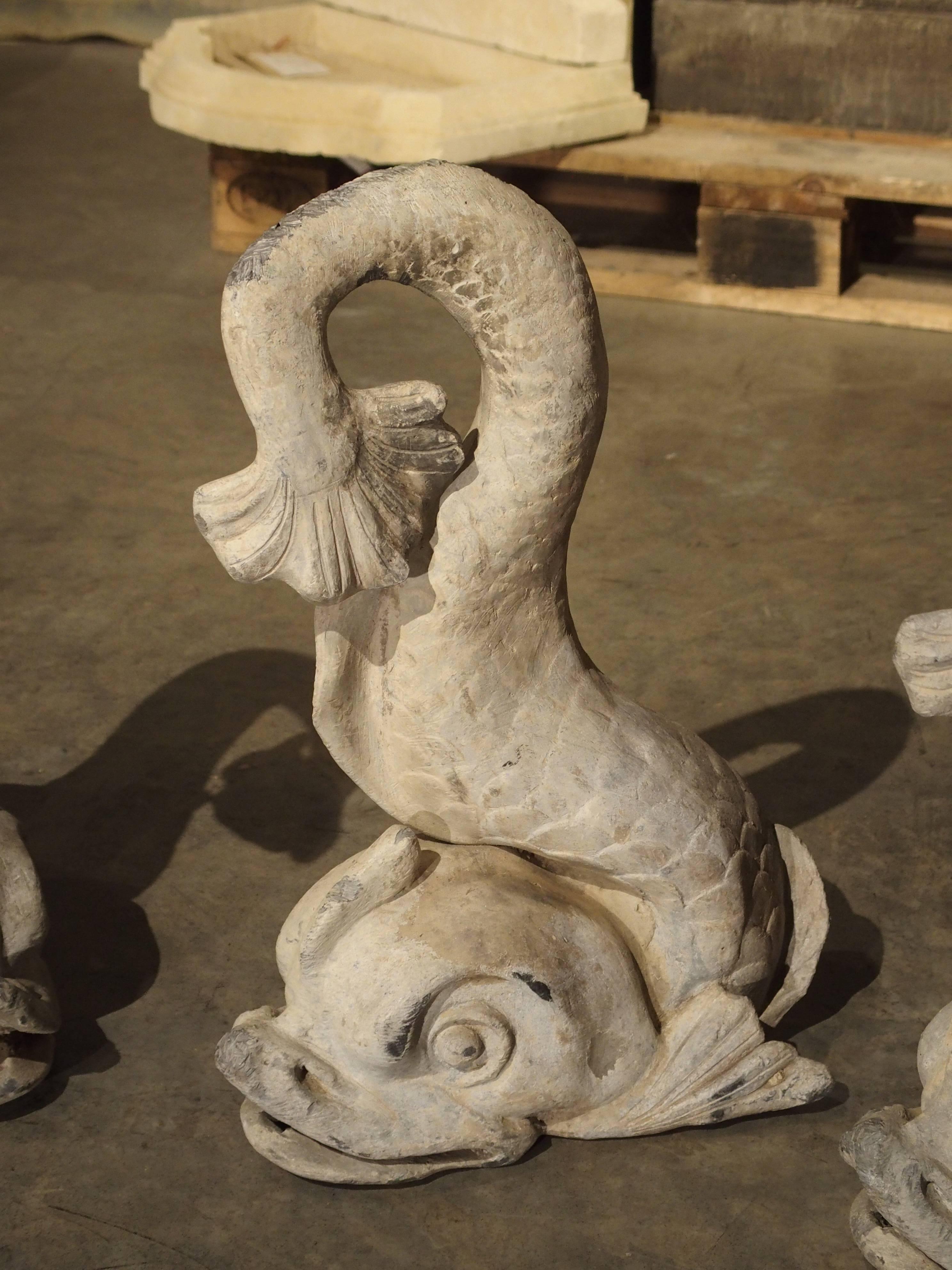 Early 20th Century Set of Four Antique Lead French Dolphin Statues or Fountain Spouts, circa 1910