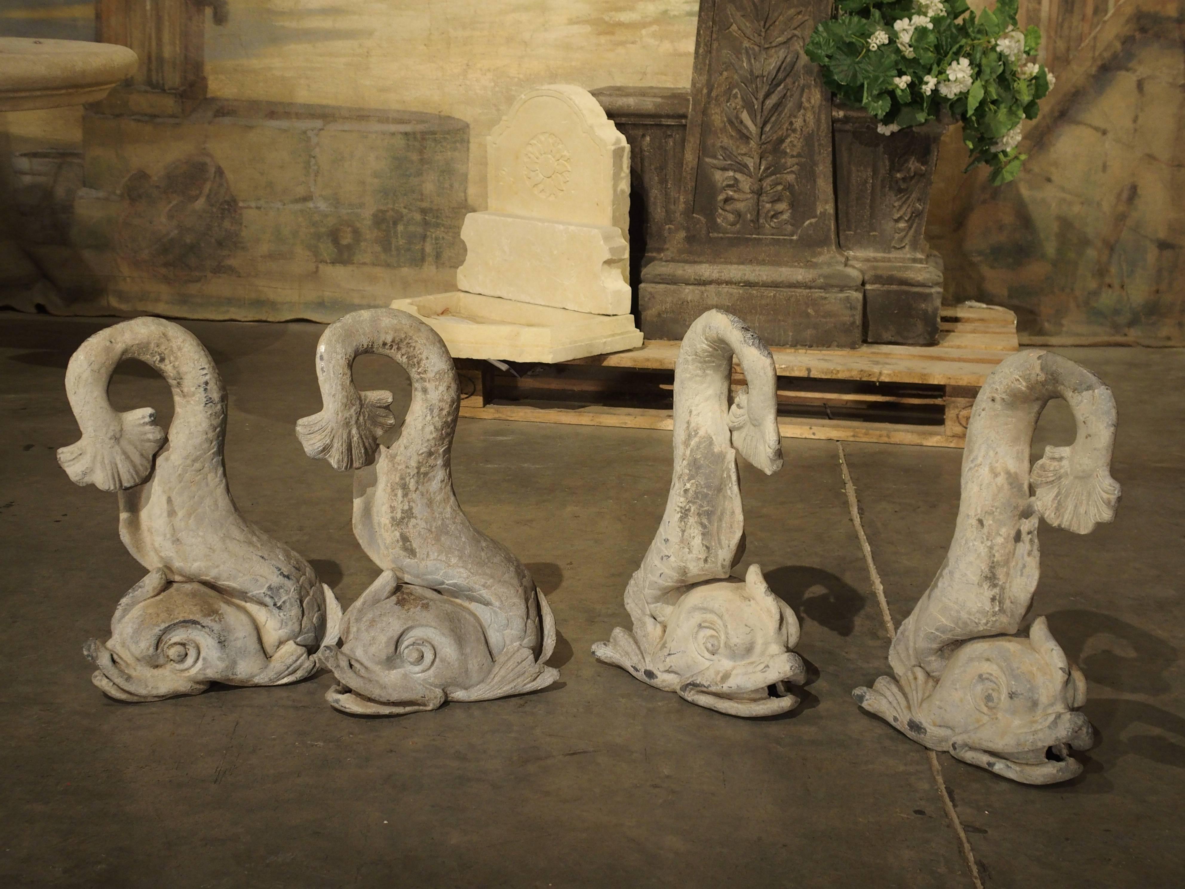 Set of Four Antique Lead French Dolphin Statues or Fountain Spouts, circa 1910 1