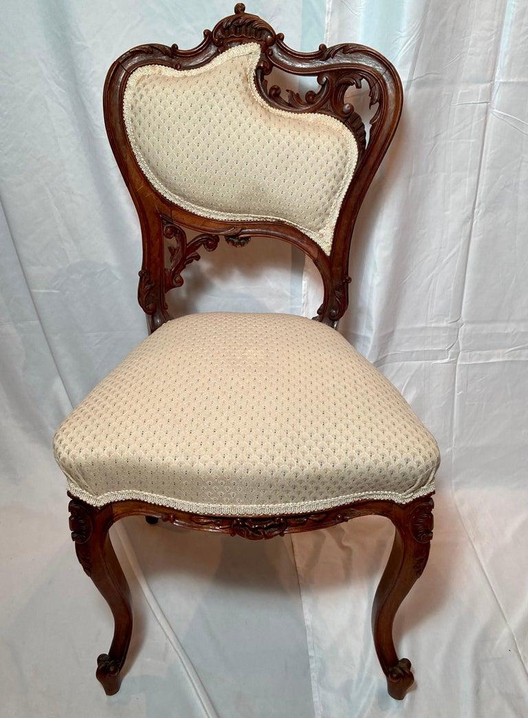 Set of 4 Antique French Louis XV Carved Walnut Belle Epoch Side Chairs, Circa 1880.  New Beige Upholstery.
FOC062.