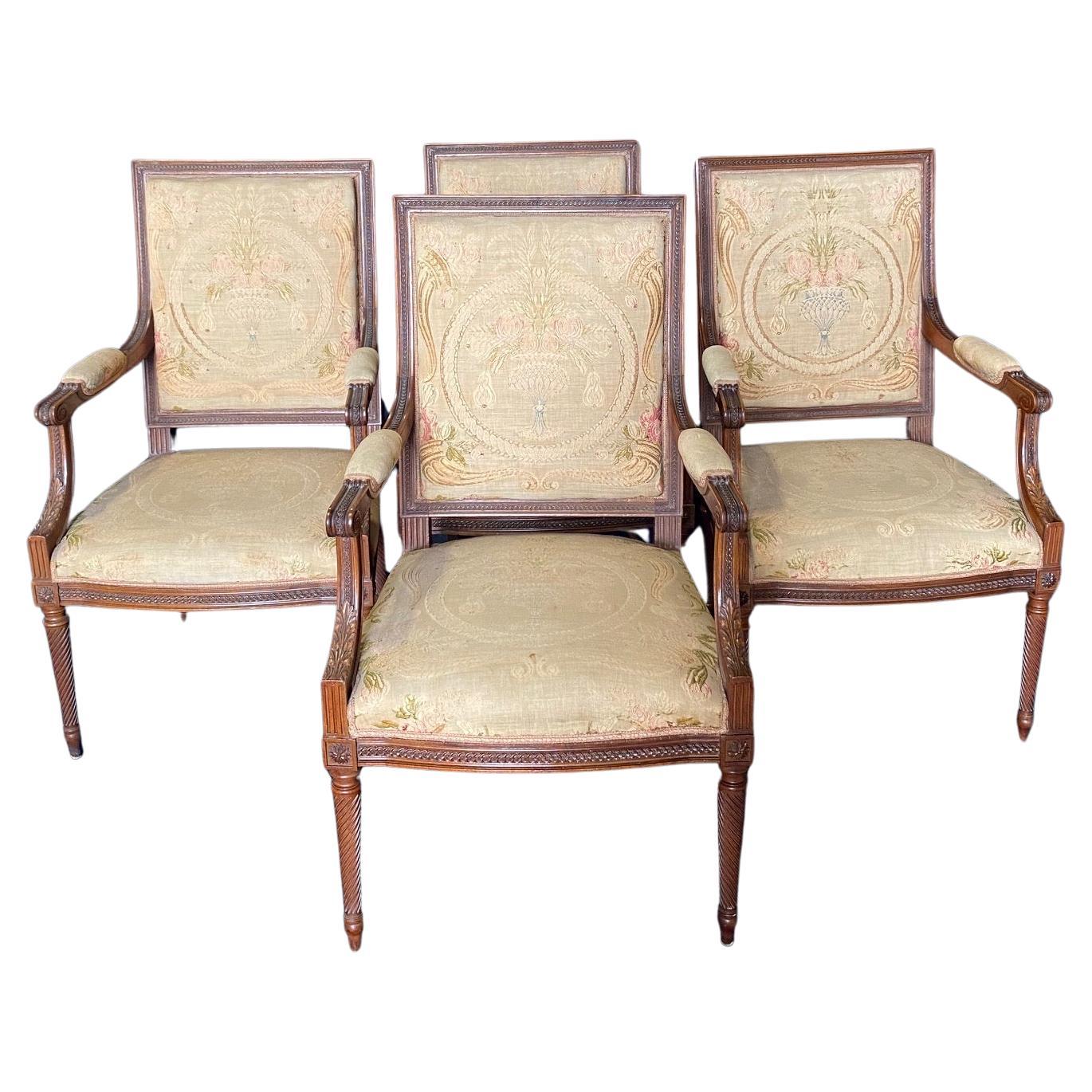 Set of Four Antique Museum Quality French Louis XVI Dining Armchairs For Sale