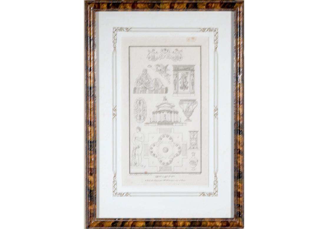 Satz von vier neoklassizistischen Stichen von Pierre Nicolas Beauvallet (Französisch, 1750-1818. Präsentiert in mit Farbe verzierten, individuellen Rahmen.
Die Stiche mit Darstellungen von neoklassizistischen Figuren, architektonischen Motiven,