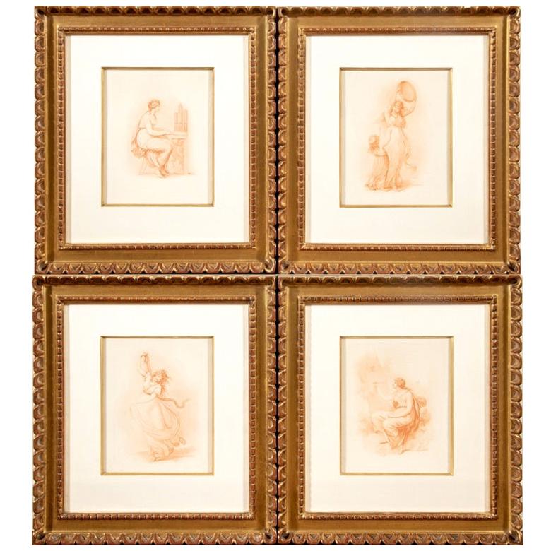 Set of Four Antique Neoclassical Style Sepia Tone Engravings