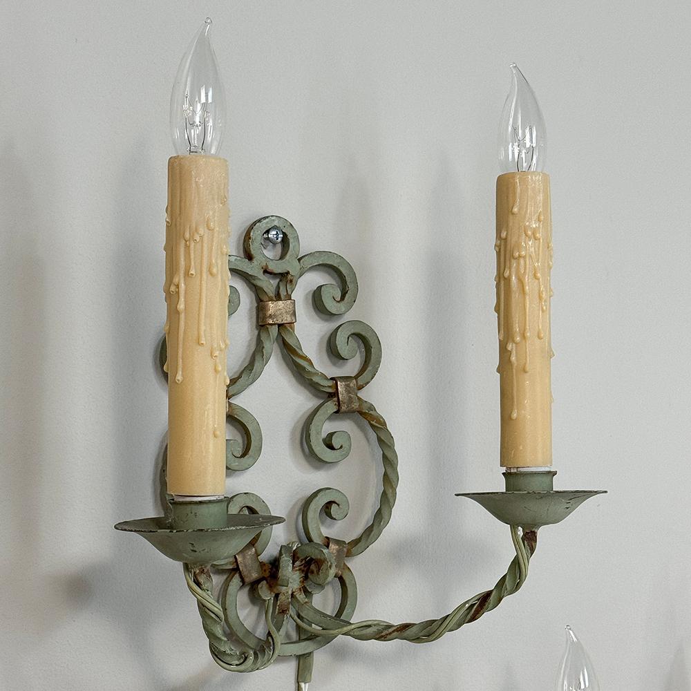 Set of Four Antique Painted Wrought Iron Electrified Wall Sconces For Sale 3