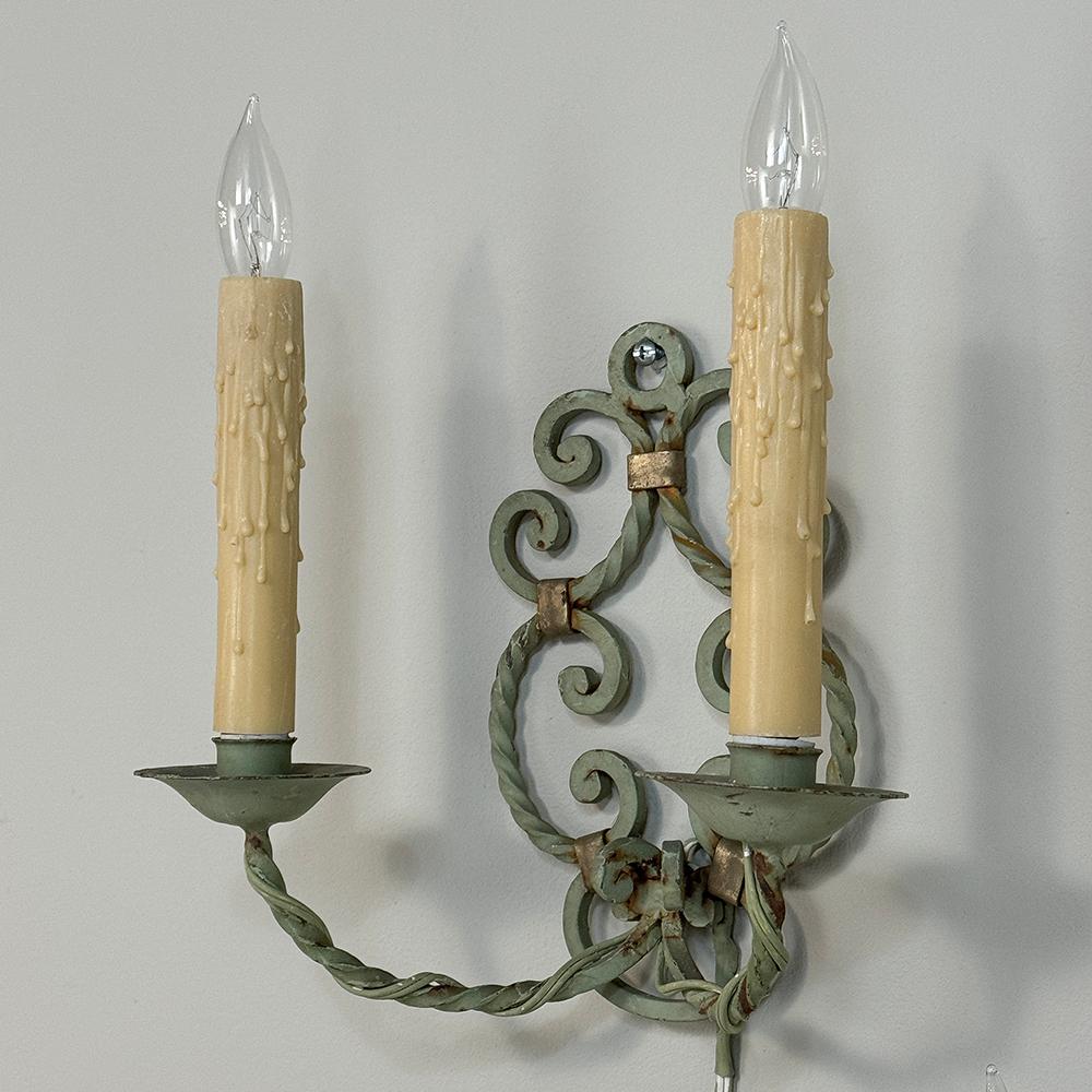 Set of Four Antique Painted Wrought Iron Electrified Wall Sconces For Sale 4
