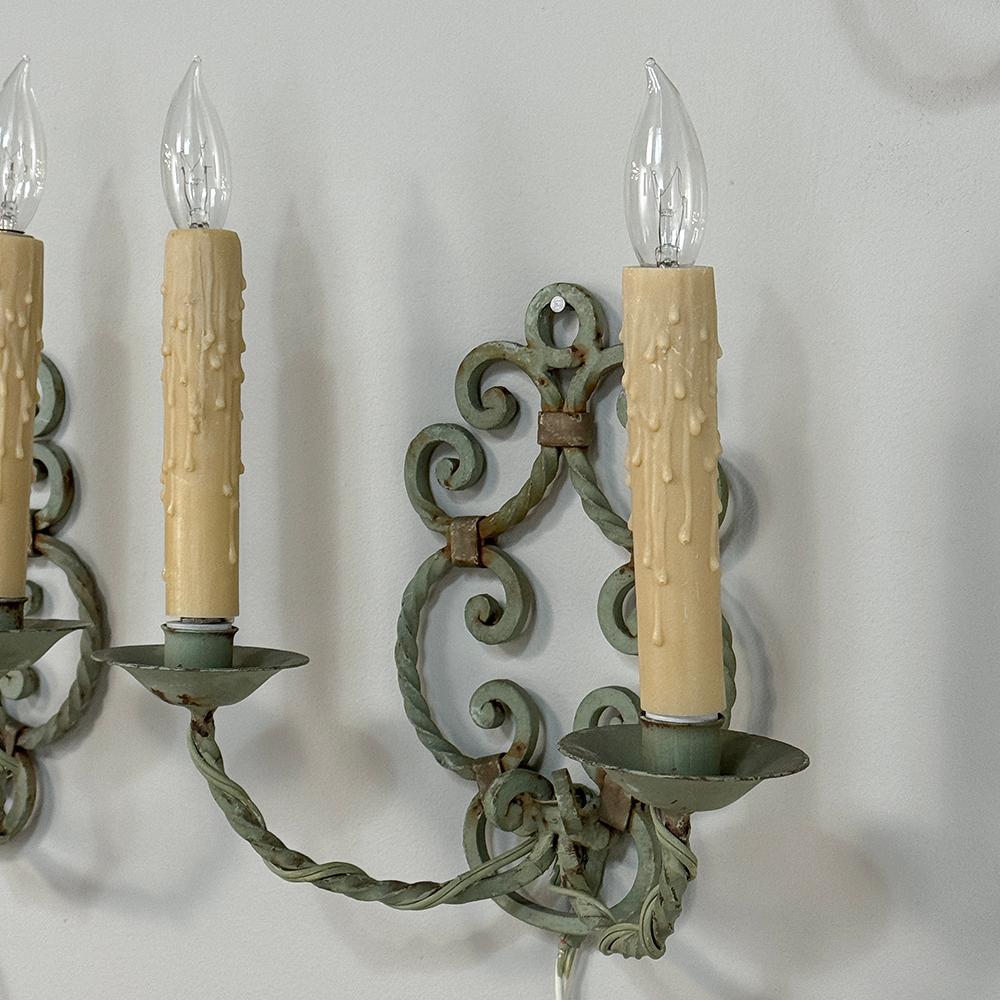 Set of Four Antique Painted Wrought Iron Electrified Wall Sconces For Sale 5
