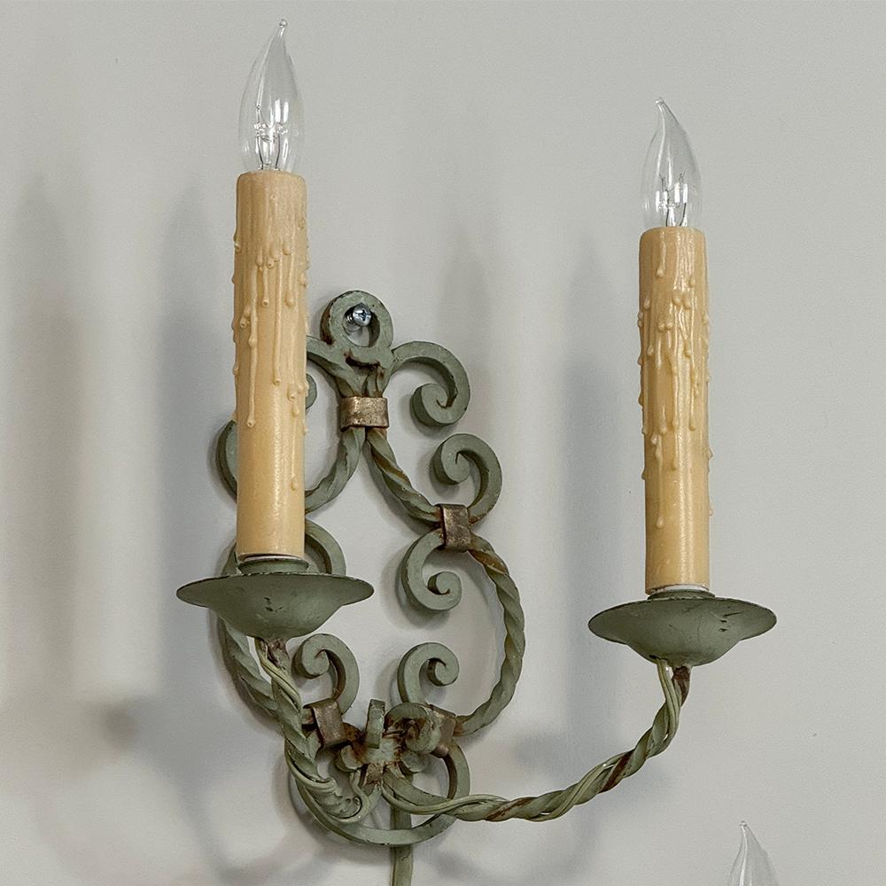 Set of Four Antique Painted Wrought Iron Electrified Wall Sconces For Sale 6