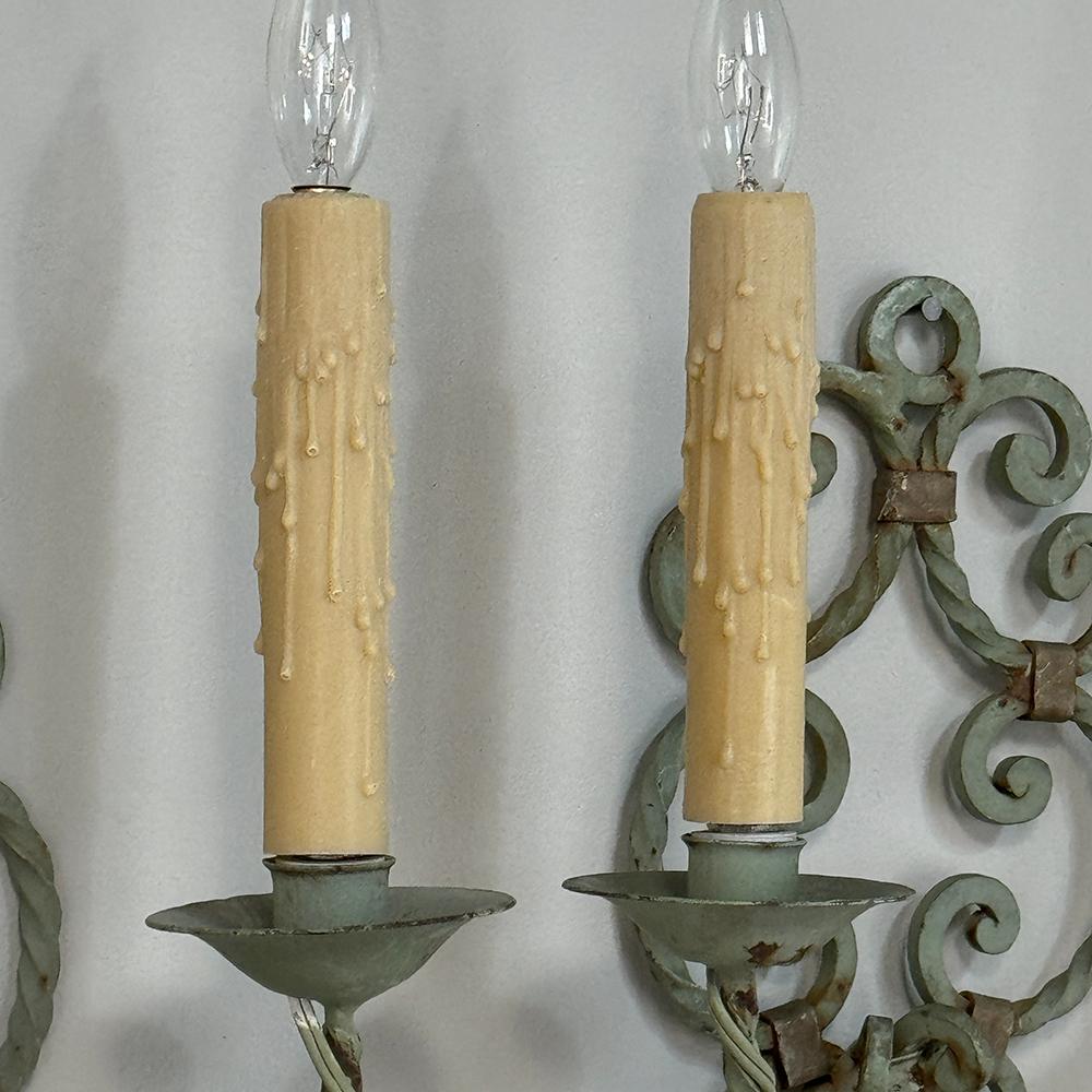 Set of Four Antique Painted Wrought Iron Electrified Wall Sconces For Sale 7