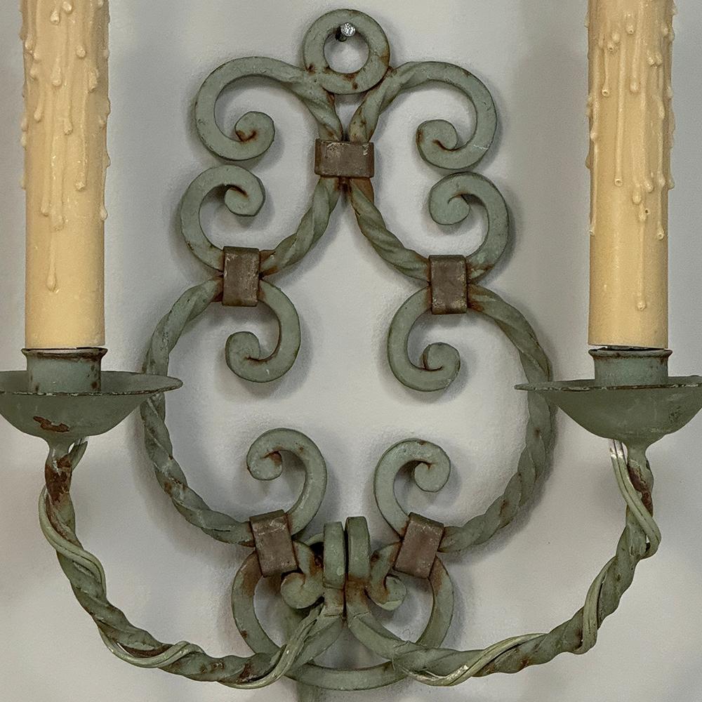 Set of Four Antique Painted Wrought Iron Electrified Wall Sconces For Sale 8