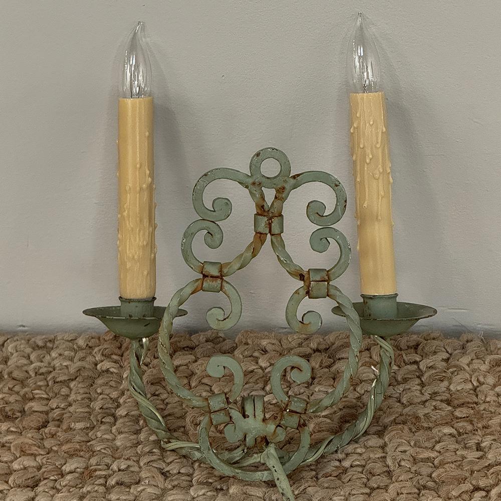 Set of Four Antique Painted Wrought Iron Electrified Wall Sconces For Sale 9