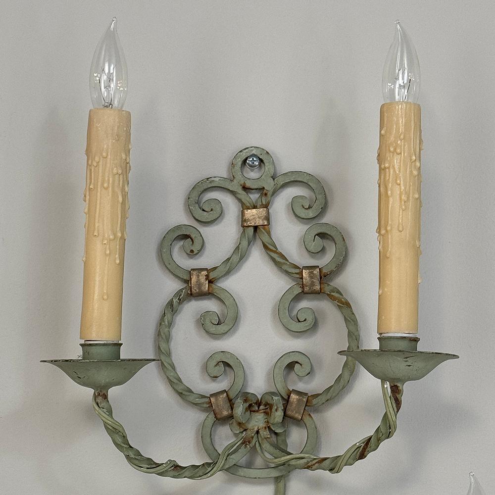 Italian Set of Four Antique Painted Wrought Iron Electrified Wall Sconces For Sale