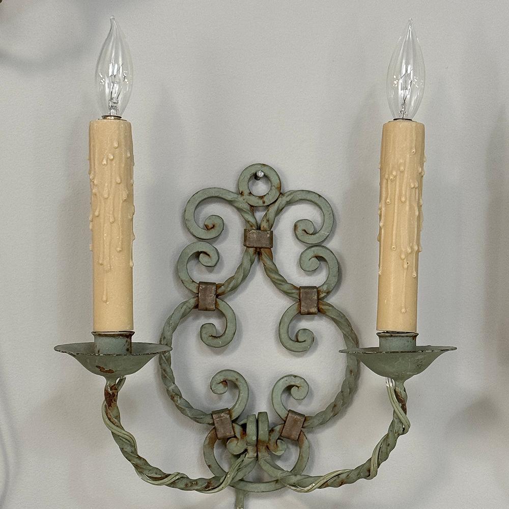 Hand-Painted Set of Four Antique Painted Wrought Iron Electrified Wall Sconces For Sale