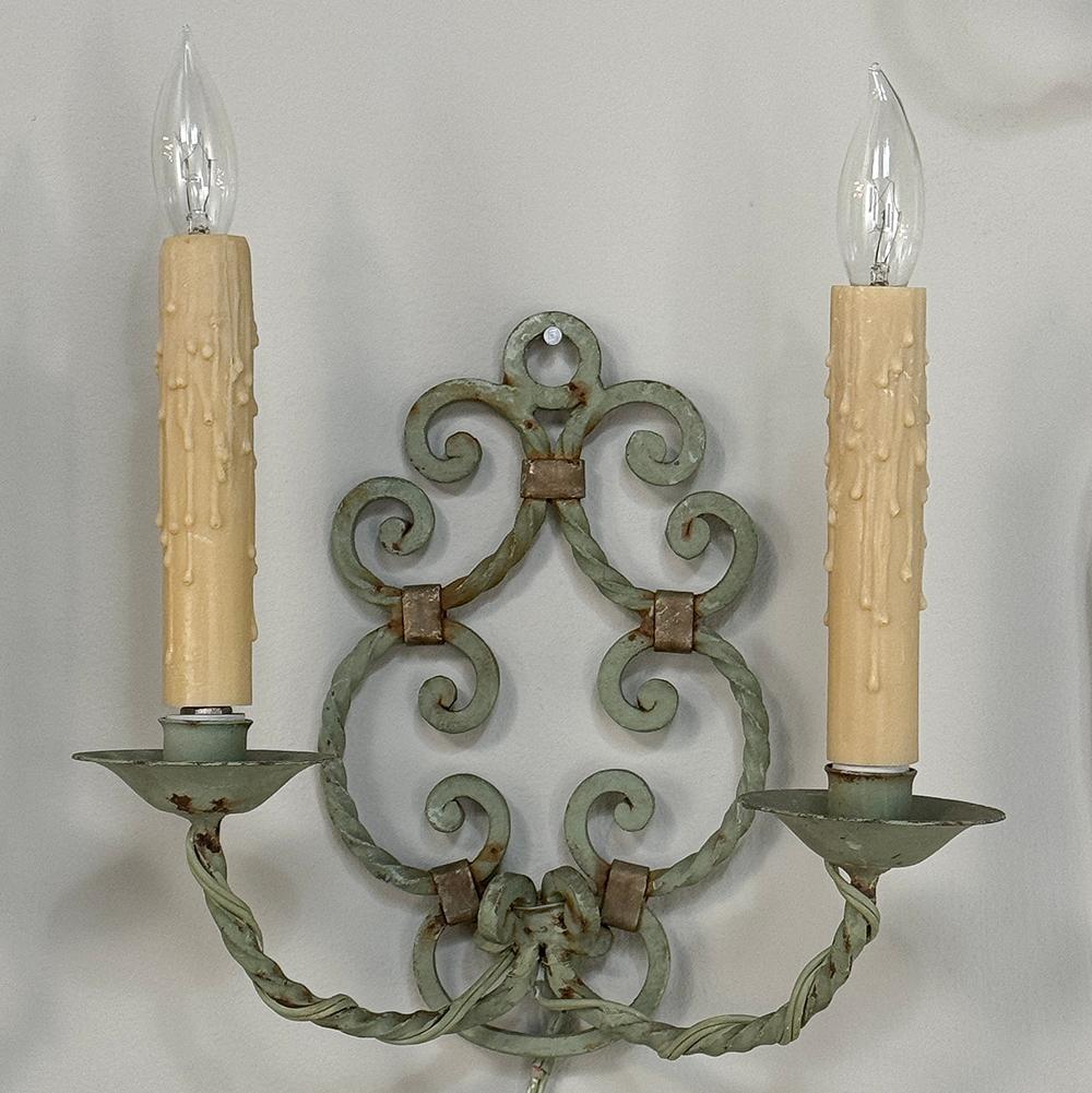 Set of Four Antique Painted Wrought Iron Electrified Wall Sconces In Good Condition For Sale In Dallas, TX