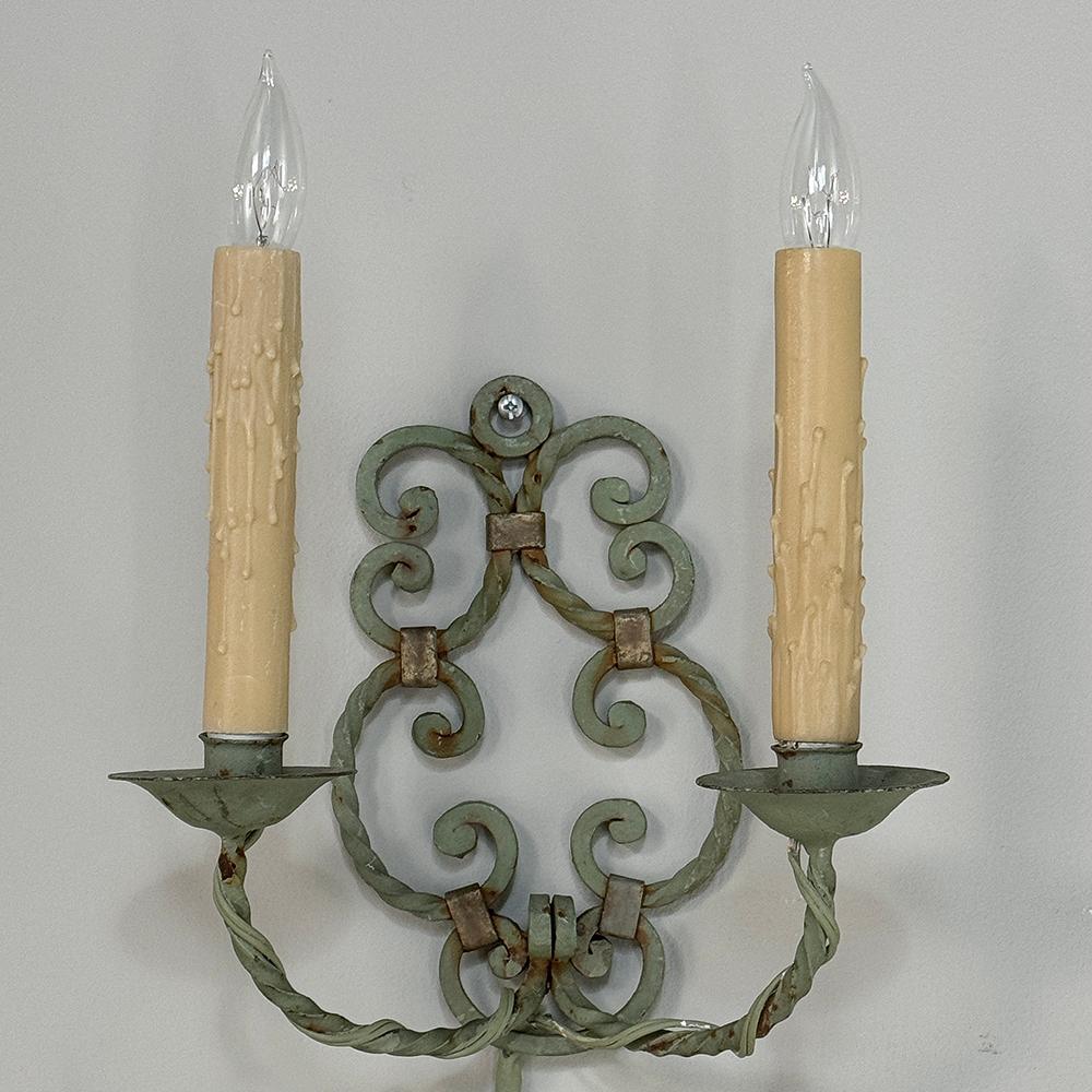 20th Century Set of Four Antique Painted Wrought Iron Electrified Wall Sconces For Sale