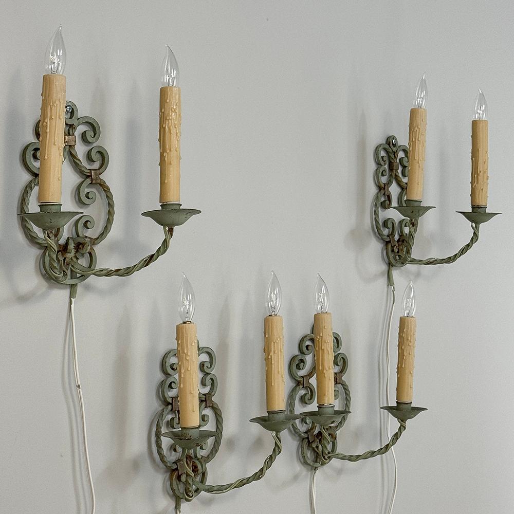 Set of Four Antique Painted Wrought Iron Electrified Wall Sconces For Sale 1