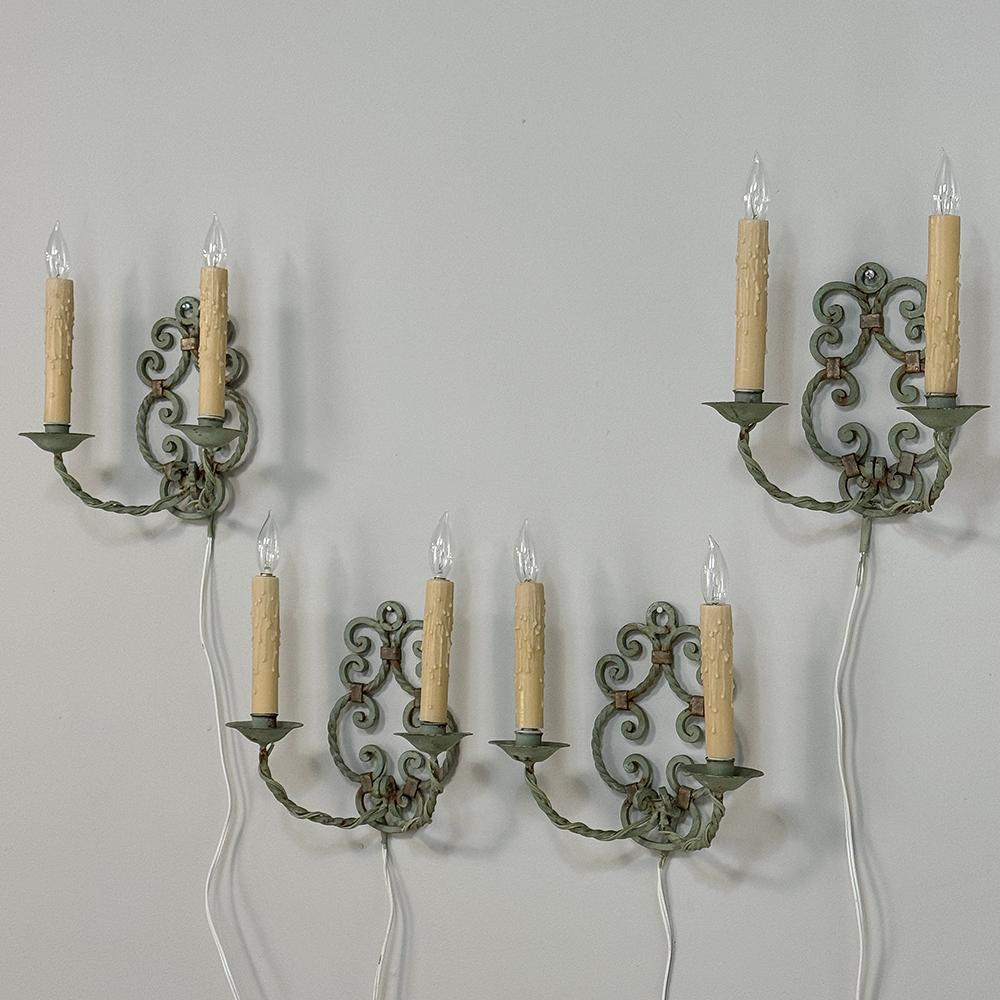 Set of Four Antique Painted Wrought Iron Electrified Wall Sconces For Sale 2