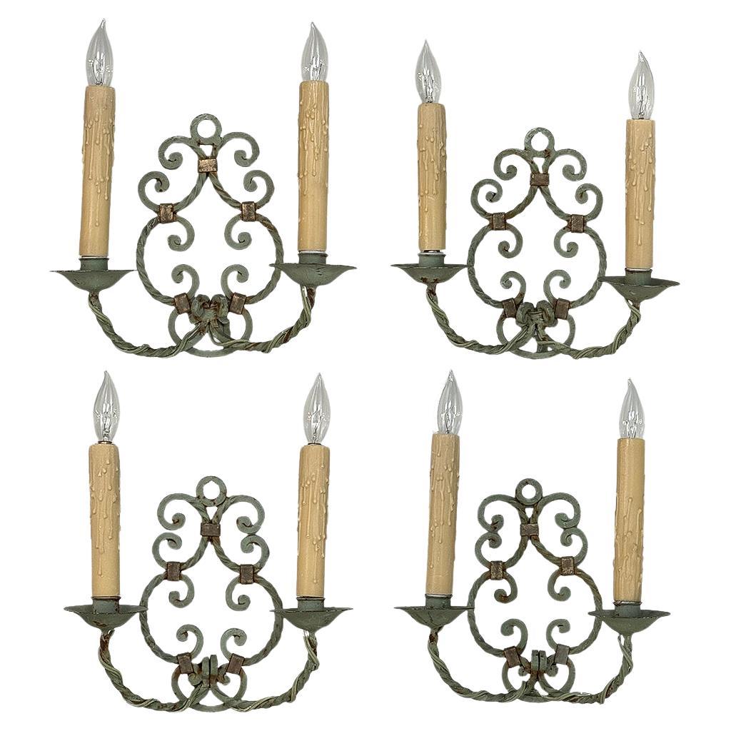 Set of Four Antique Painted Wrought Iron Electrified Wall Sconces For Sale