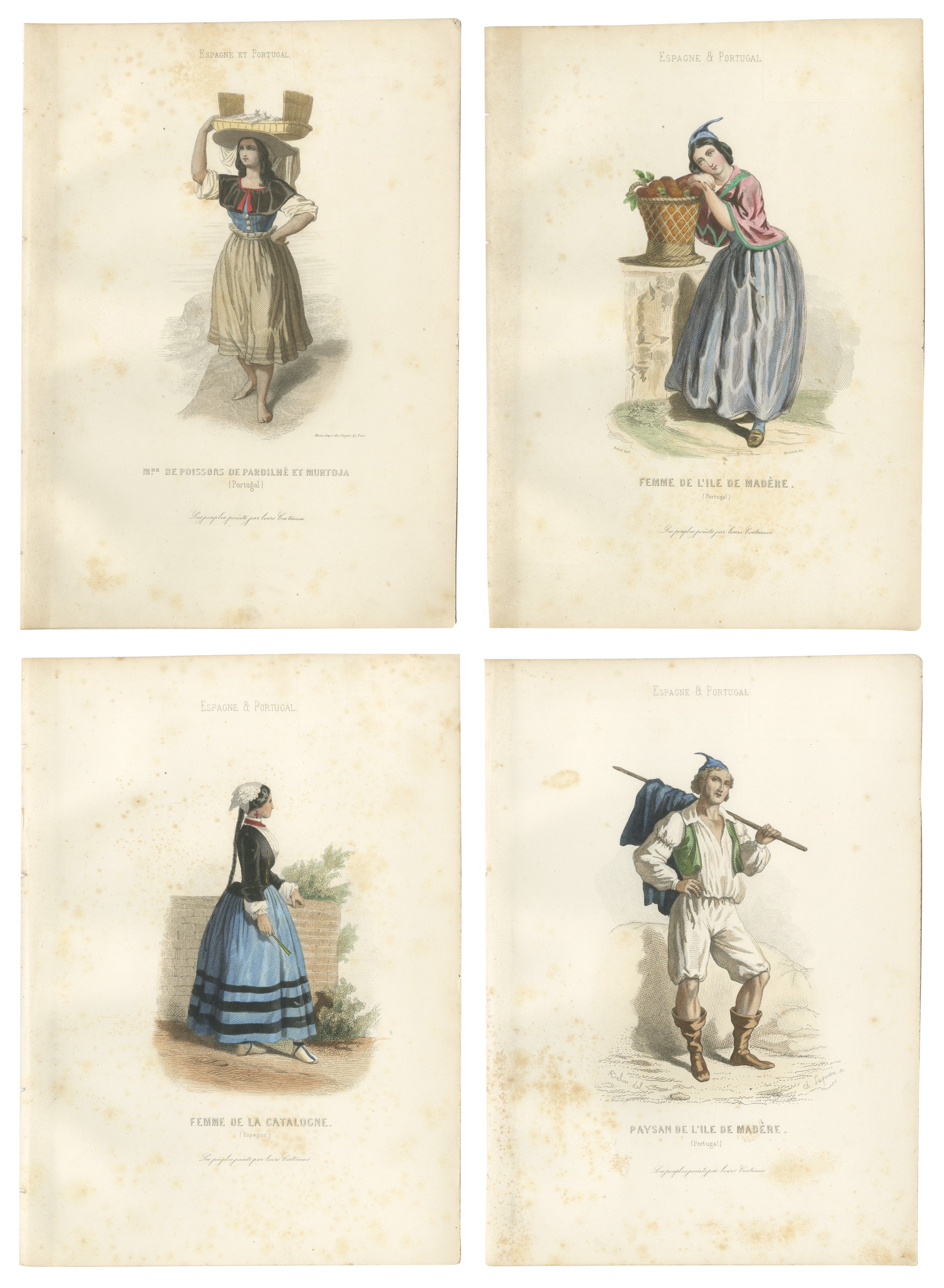 Set of Four Antique Portuguese & Madeira Folk Costume Engravings, circa 1850