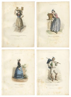 Serie di quattro incisioni antiche raffiguranti costumi popolari portoghesi e di Madeira, 1850 circa