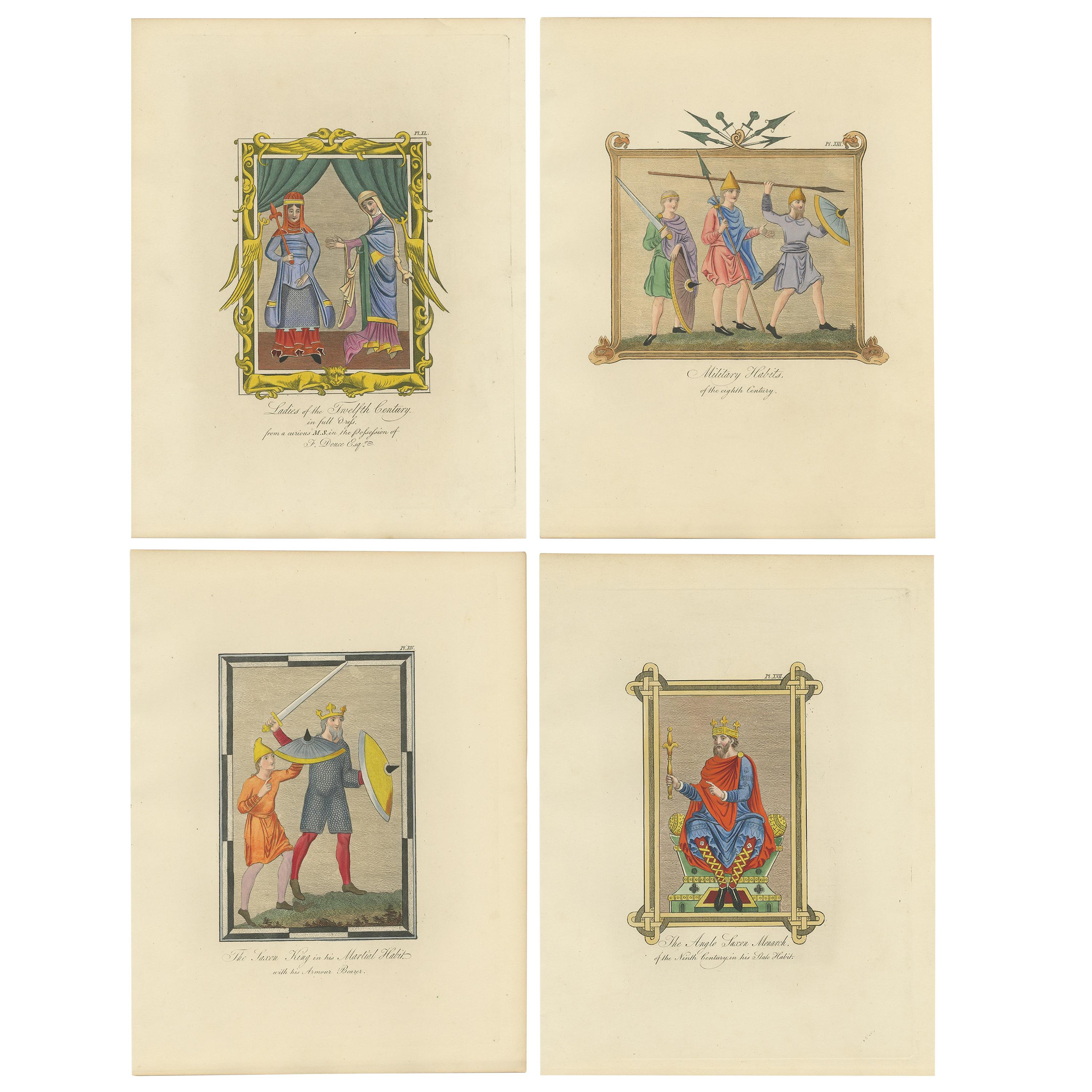 Set of four Antique Prints of English Costumes by Strutt '1862'