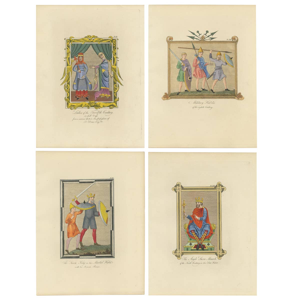 Set of four Antique Prints of English Costumes by Strutt '1862'