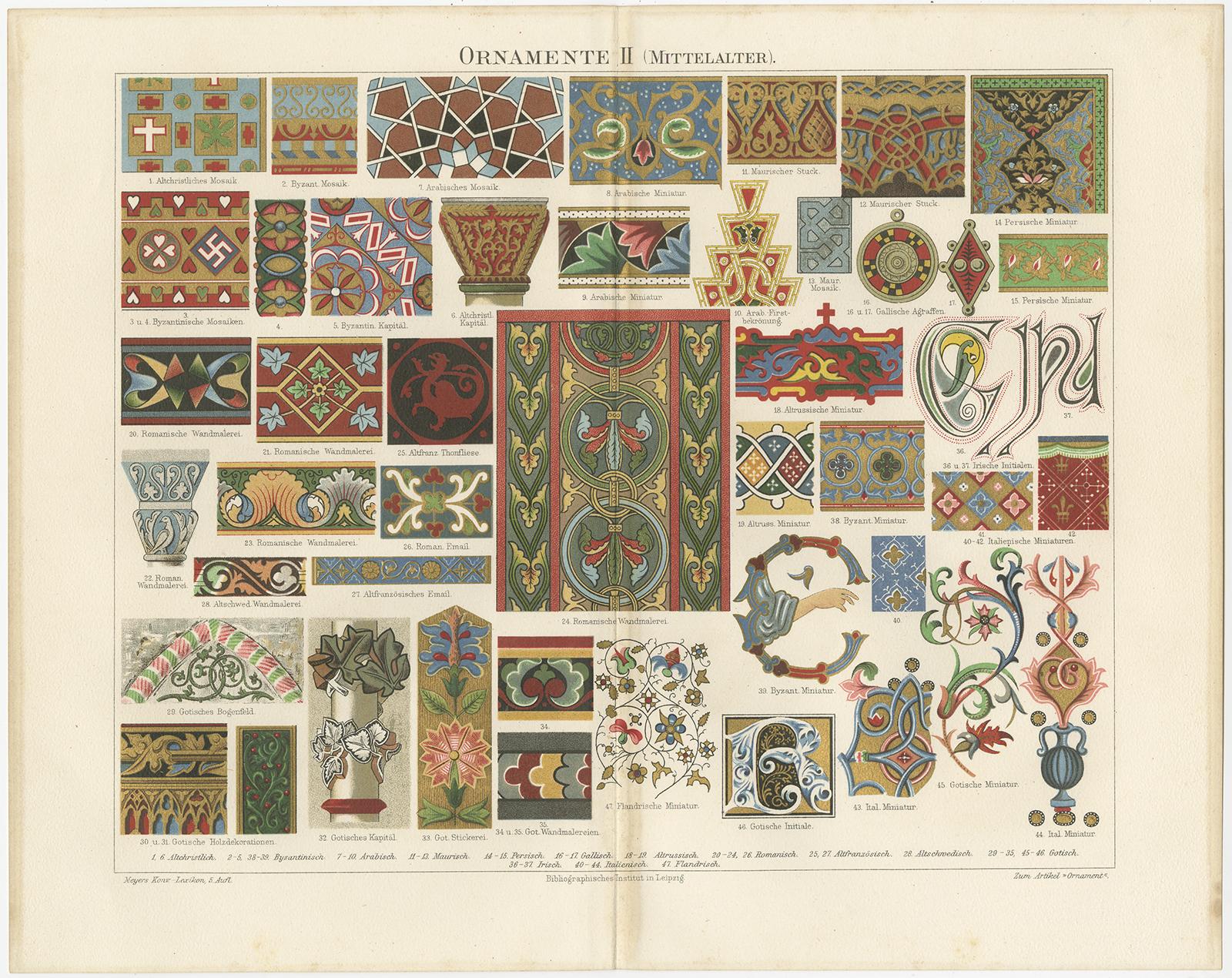 Set of four antique prints depicting various ornaments. This set includes ornaments of the Antiquity, Renaissance, Middle Ages, 17th century, 18th century and Asia. Originating from 'Meyers Konversations-Lexikon'. Meyers Konversations-Lexikon or