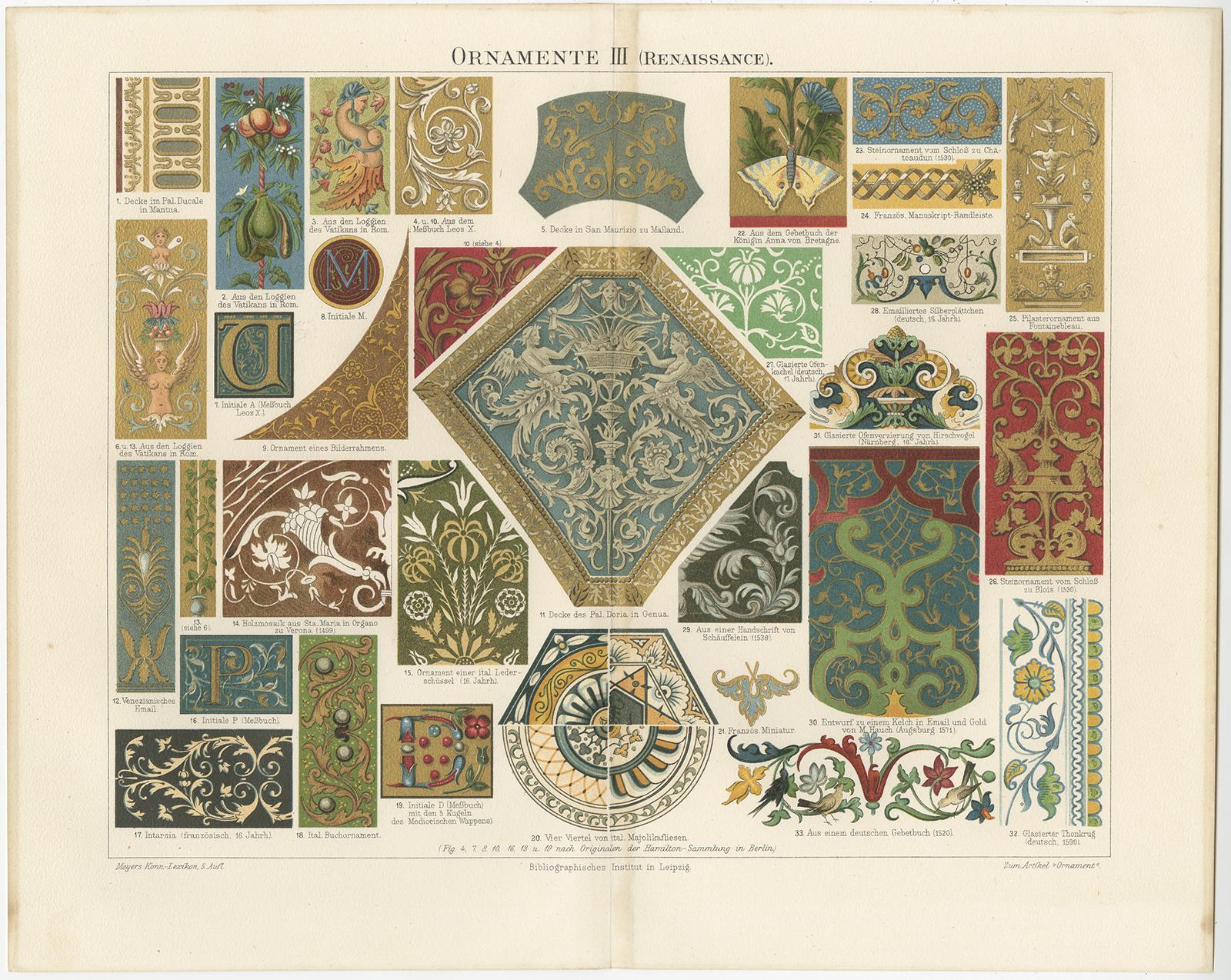 Set of Four Antique Prints of various Ornaments by Meyer 'circa 1897' In Good Condition For Sale In Langweer, NL