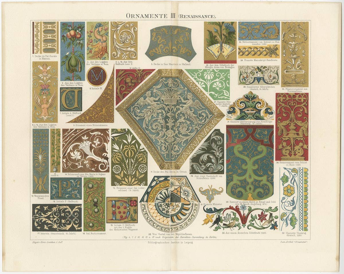 Set of Four Antique Prints of various Ornaments by Meyer 'circa 1897'
